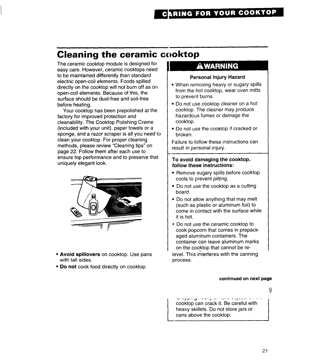 Whirlpool RC8920XA, RC8900XA important safety instructions Cleaning the ceramic cooktop, Personal Injury Hazard 