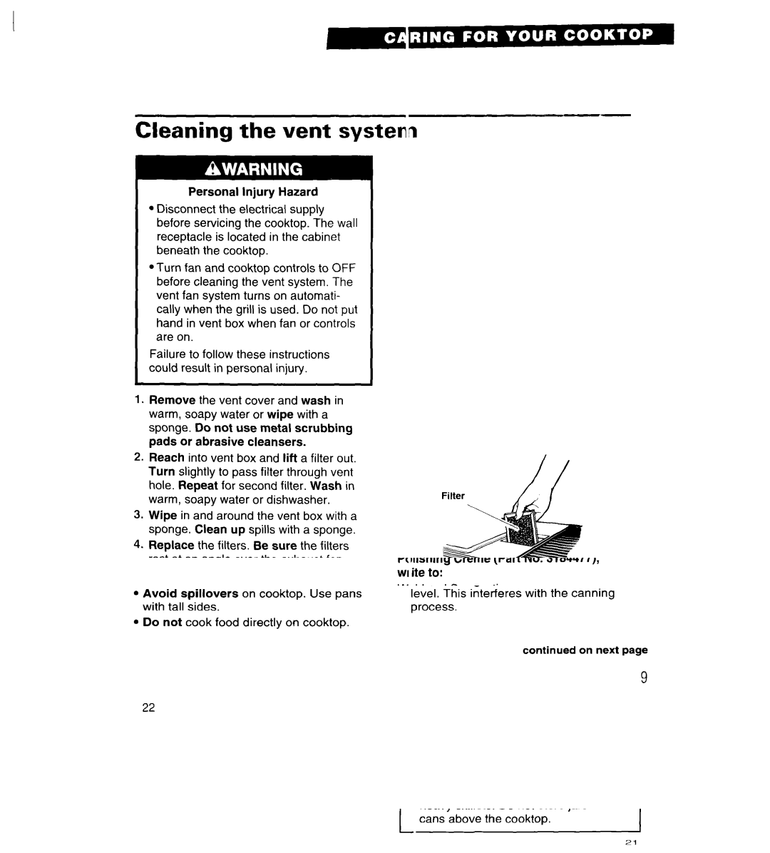 Whirlpool RC8920XA, RC8900XA important safety instructions Cleaning the vent system 