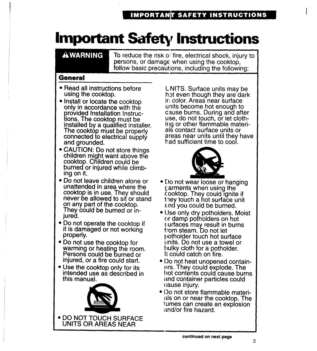 Whirlpool RC8920XA, RC8900XA Important Safety Instructions, Do not Touch Surface Units or Areas Near 