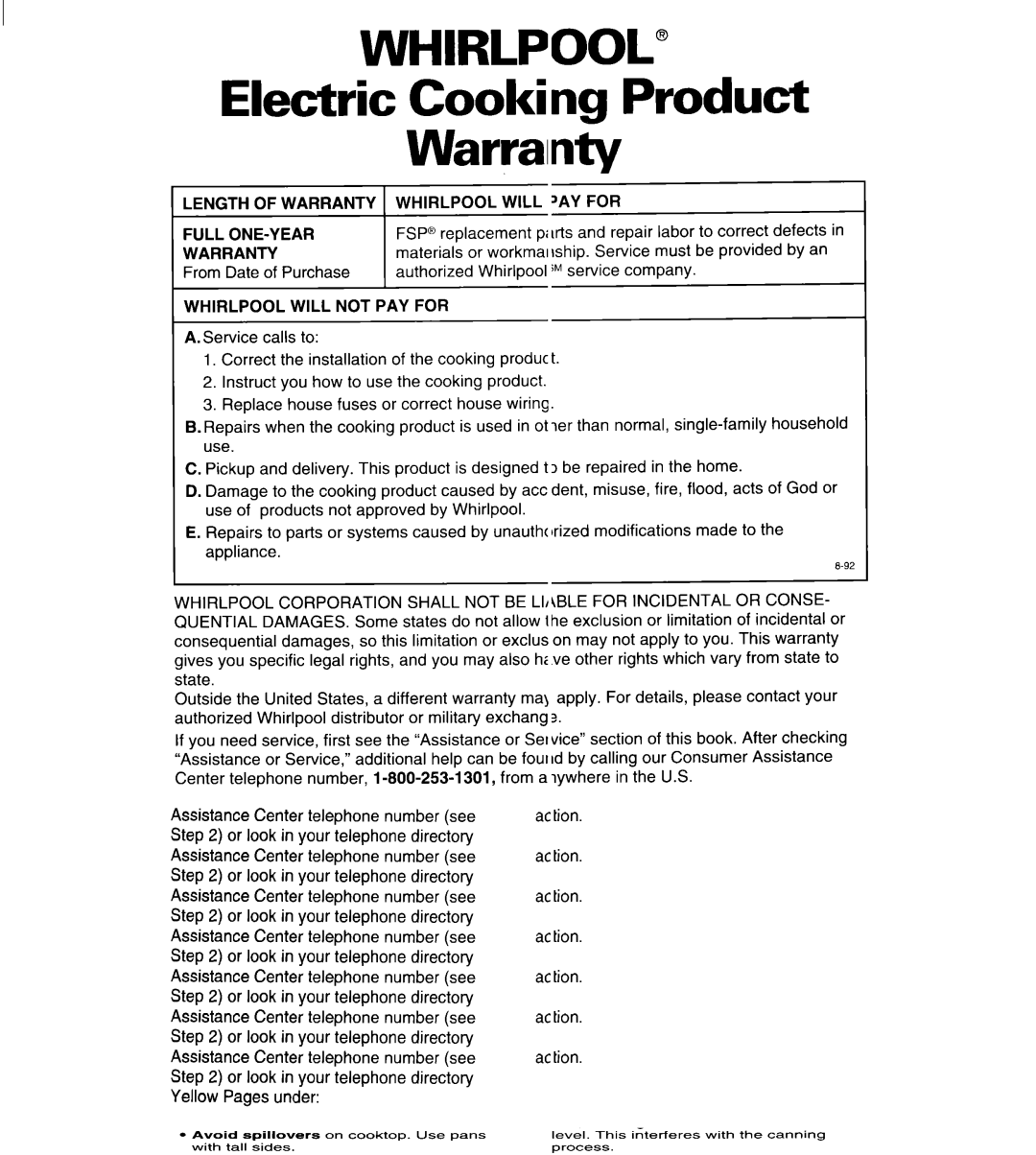 Whirlpool RC8900XA Length of Warranty Whirlpool will ‘AY for, Whirlpool will not PAY for, Part no -307916-03-O/43631 