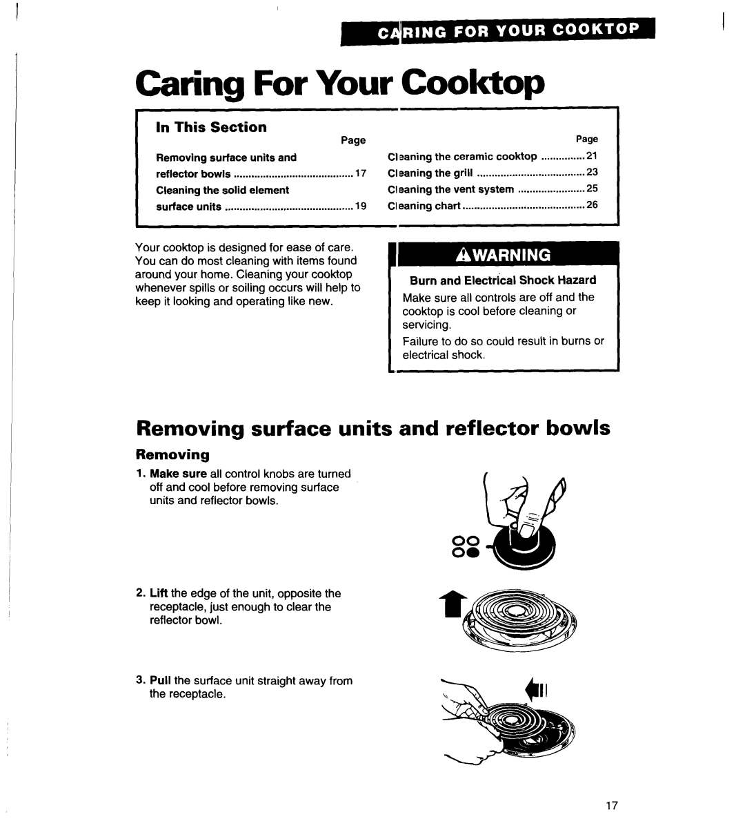 Whirlpool RC8920XA, RC8900XA Caring For Your Cooktop, Removing surface units and reflector bowls, In This Section 