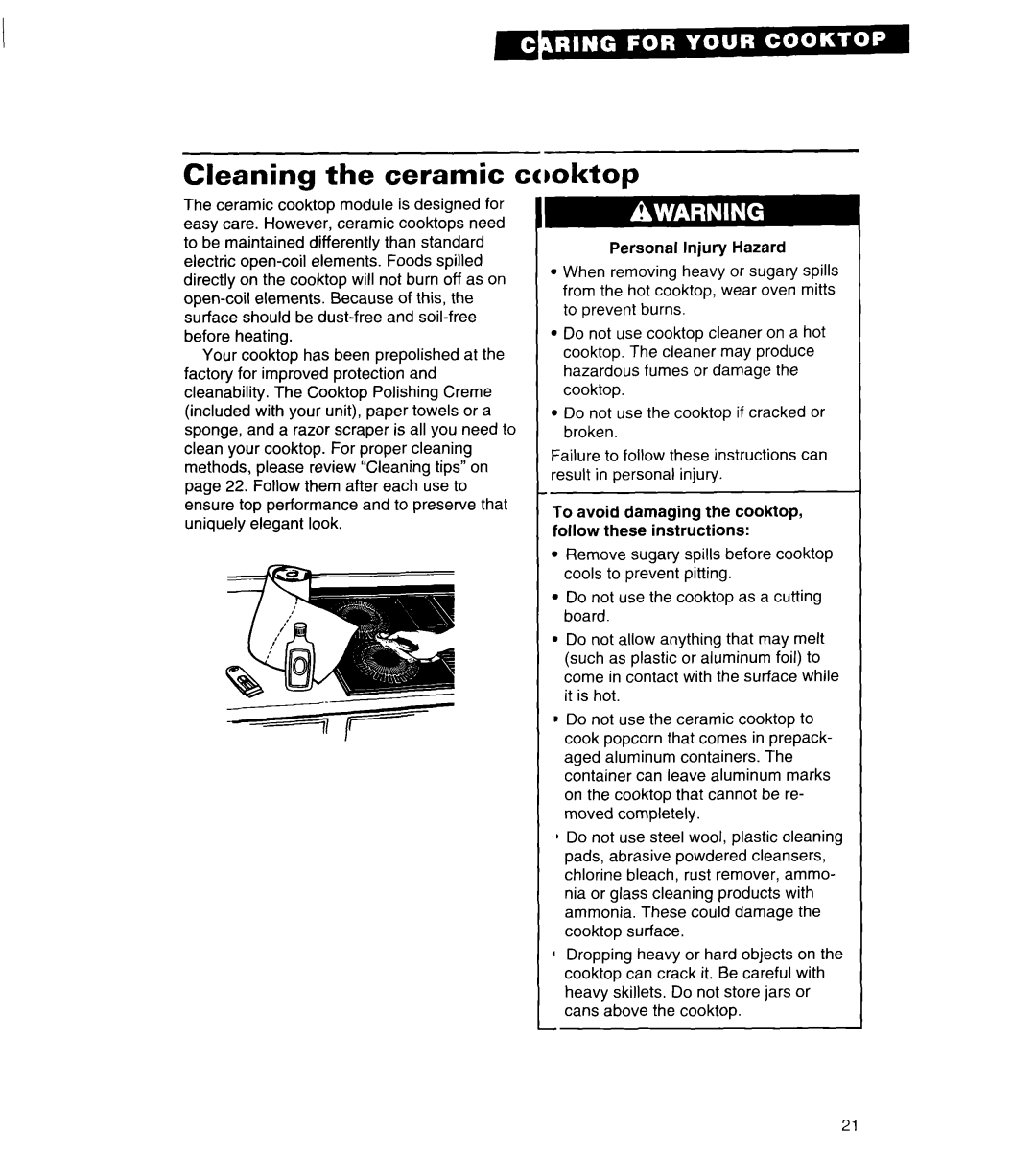 Whirlpool RC8920XA, RC8900XA important safety instructions Cleaning the ceramic cooktop, Personal Injury Hazard 