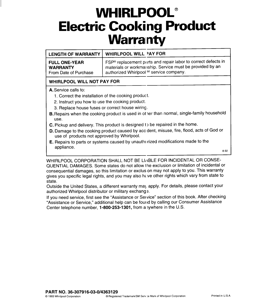 Whirlpool RC8900XA, RC8920XA WHIRLPOOL” Electric Cooking Product Warrainty, Length Of Warranty Whirlpool Will ‘Ay For 