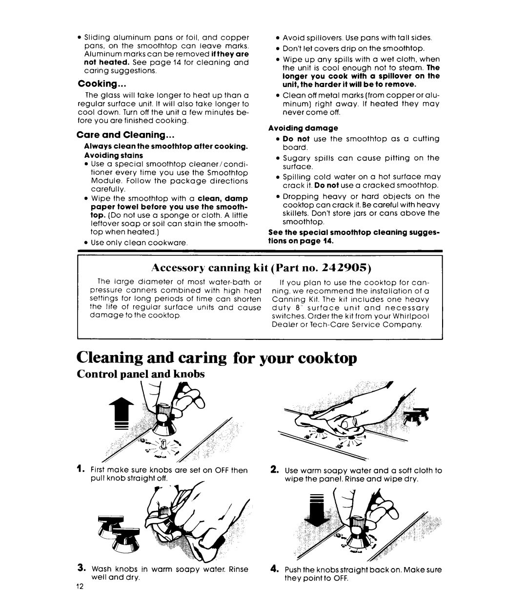 Whirlpool RC8900XMH Cleaning and caring for your cooktop, Accessory canning kit Part no, Control panel and knobs, Cooking 