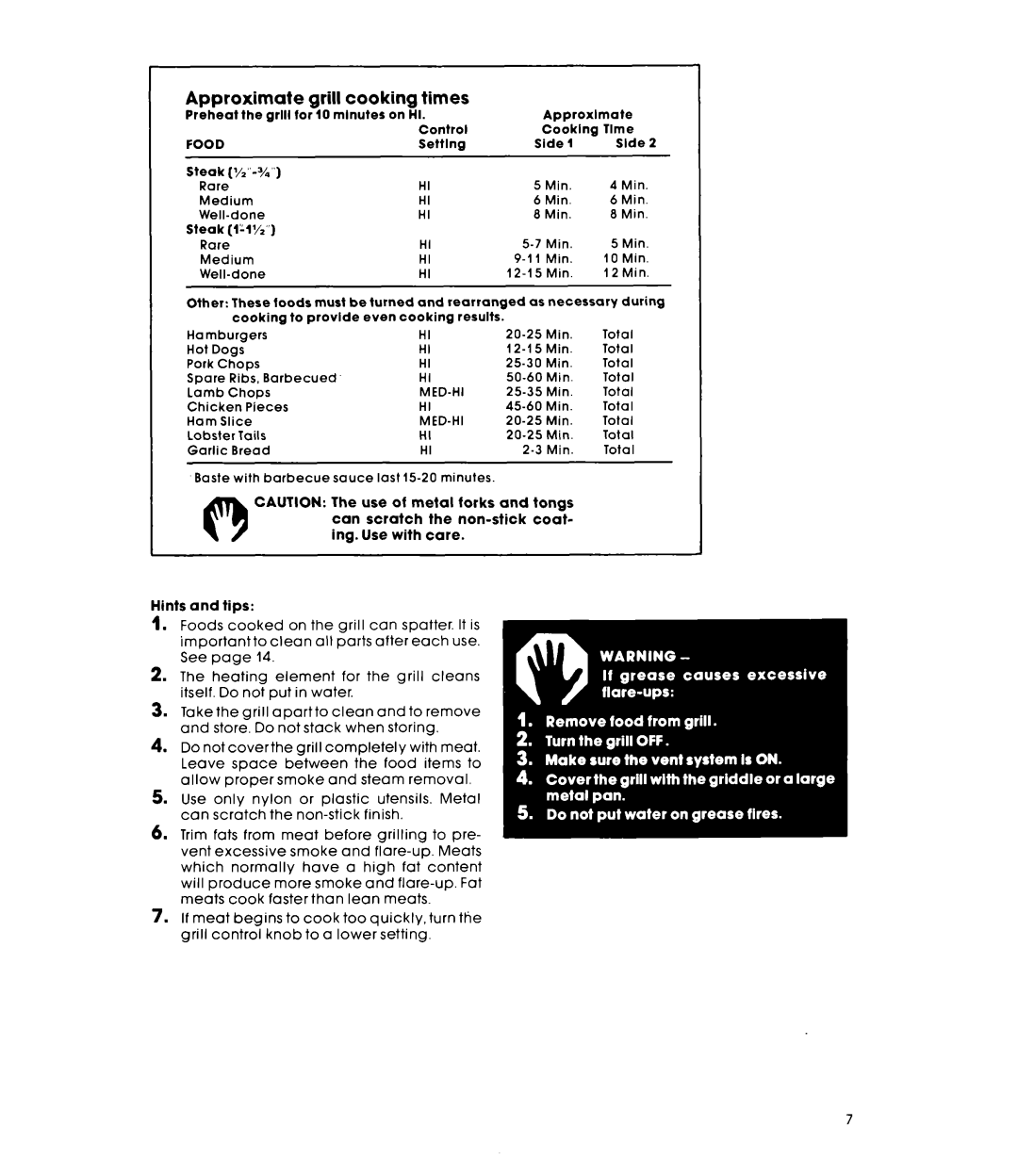 Whirlpool RC8900XMH manual Approximate grill cooking times, Food 