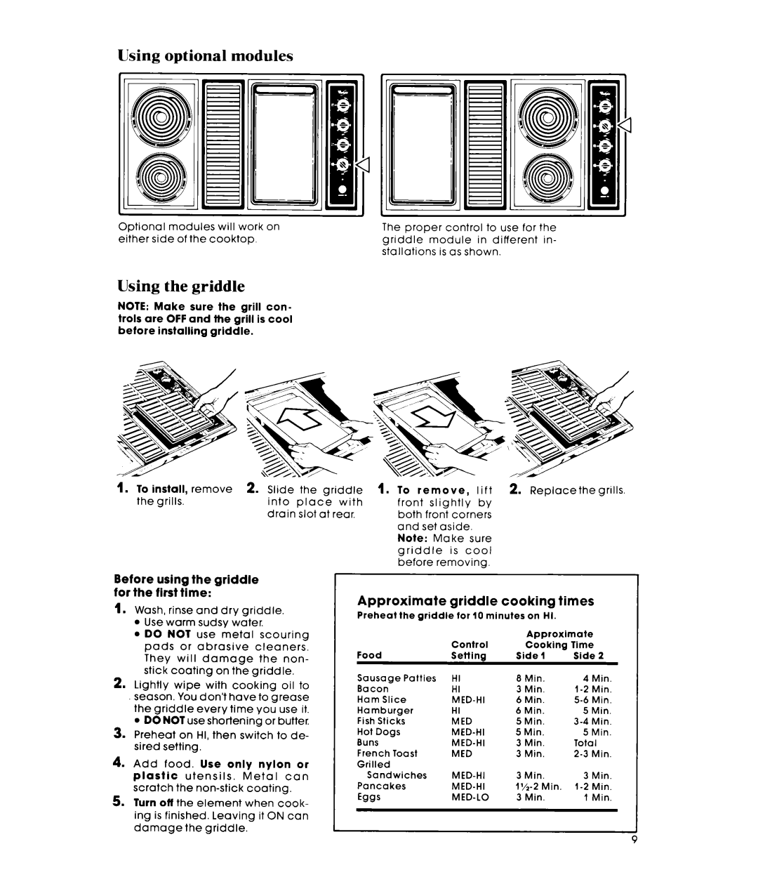 Whirlpool RC8900XMH manual Using optional modules, Using the griddle, Before using the griddle for the first time 