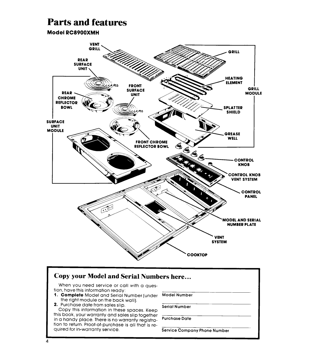 Whirlpool manual Parts and features, Copy your Model and Serial Numbers here, Model RC8900XMH 