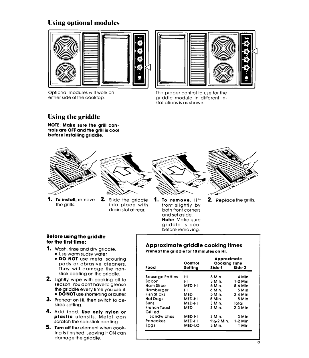 Whirlpool RC8900XMH manual Using optional modules, Using the griddle, 1. To, Before using the griddle for the first time 