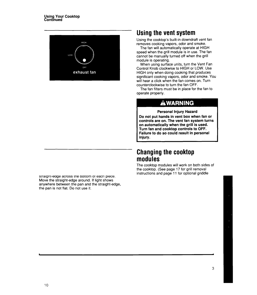 Whirlpool RC8900XX manual Usingthe vent system, Changingthe cooktop modules 