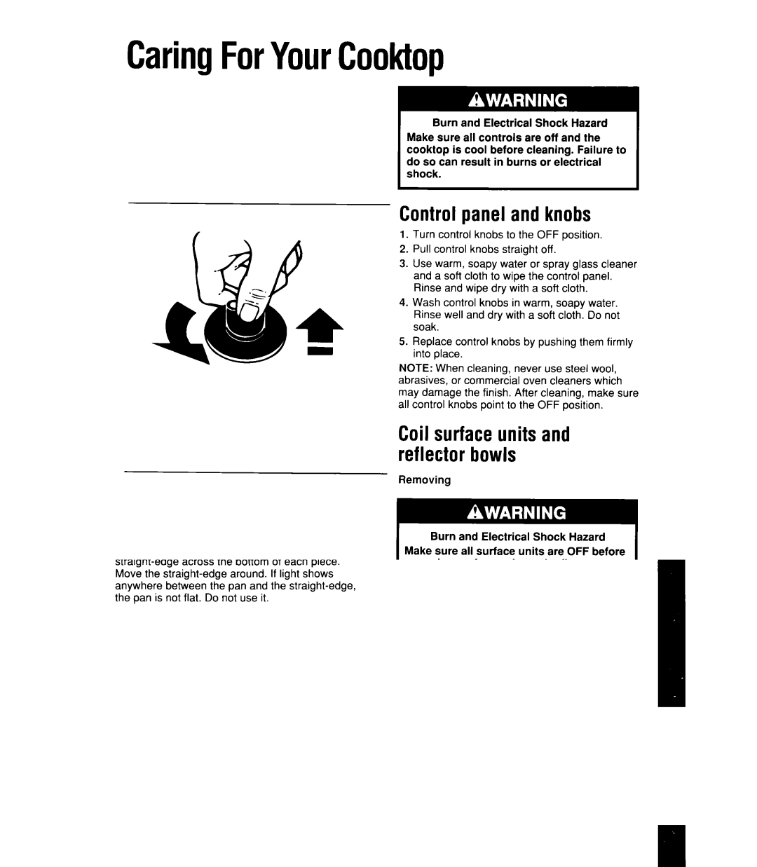 Whirlpool RC8900XX manual CaringForYourCooktop, Controlpanel and knobs 