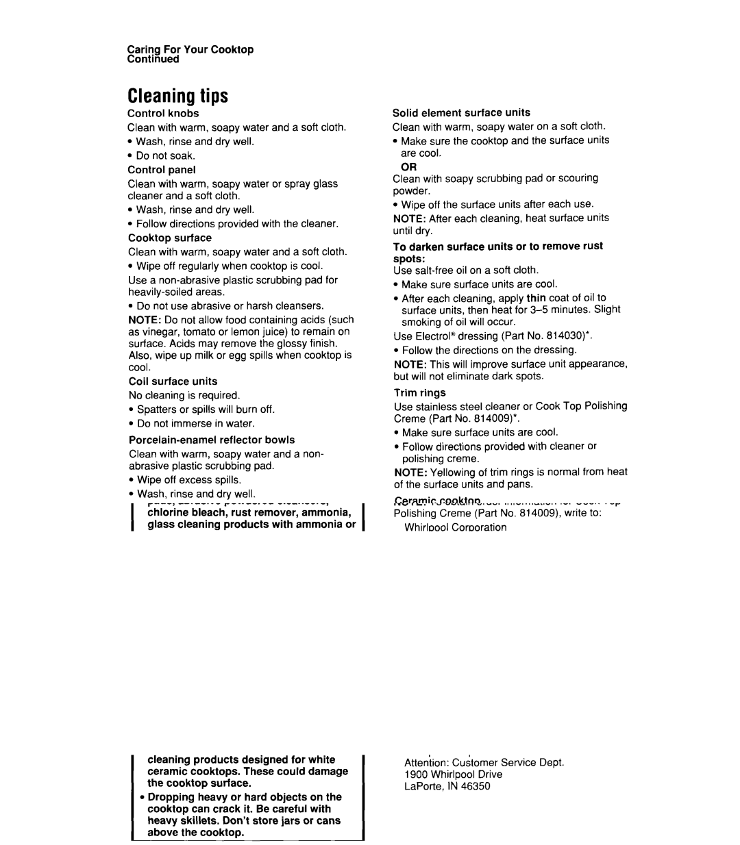 Whirlpool RC8900XX manual Cleaningtips 