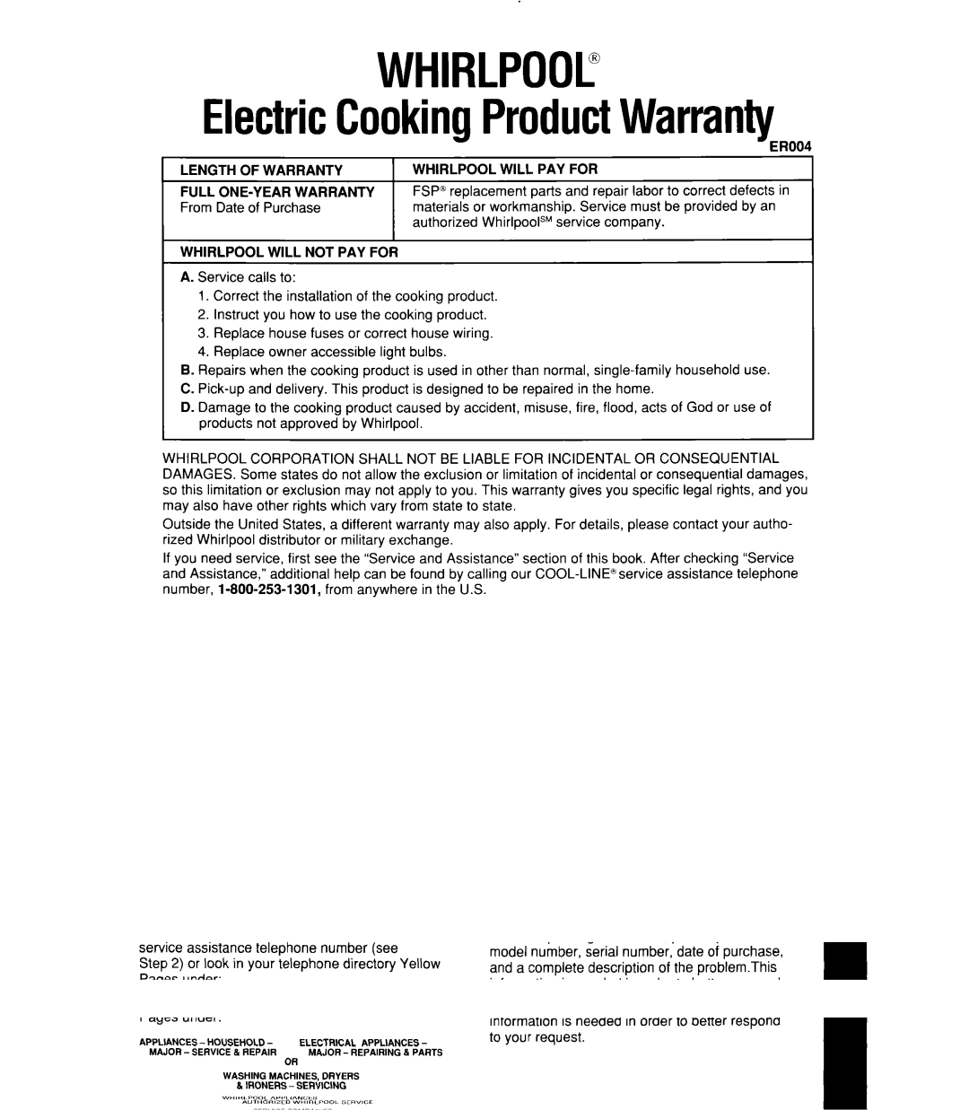 Whirlpool RC8900XX manual WHIRLPOOL@ ElectricCookingProductWarranty 