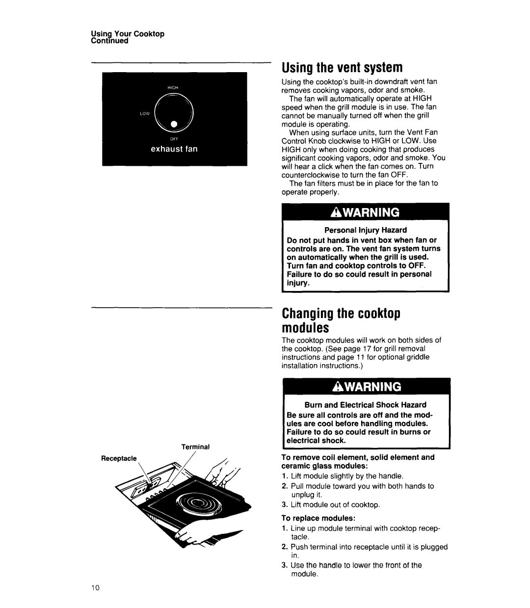 Whirlpool RC8900XX manual Usingthe vent system, Changingthe cooktop modules 