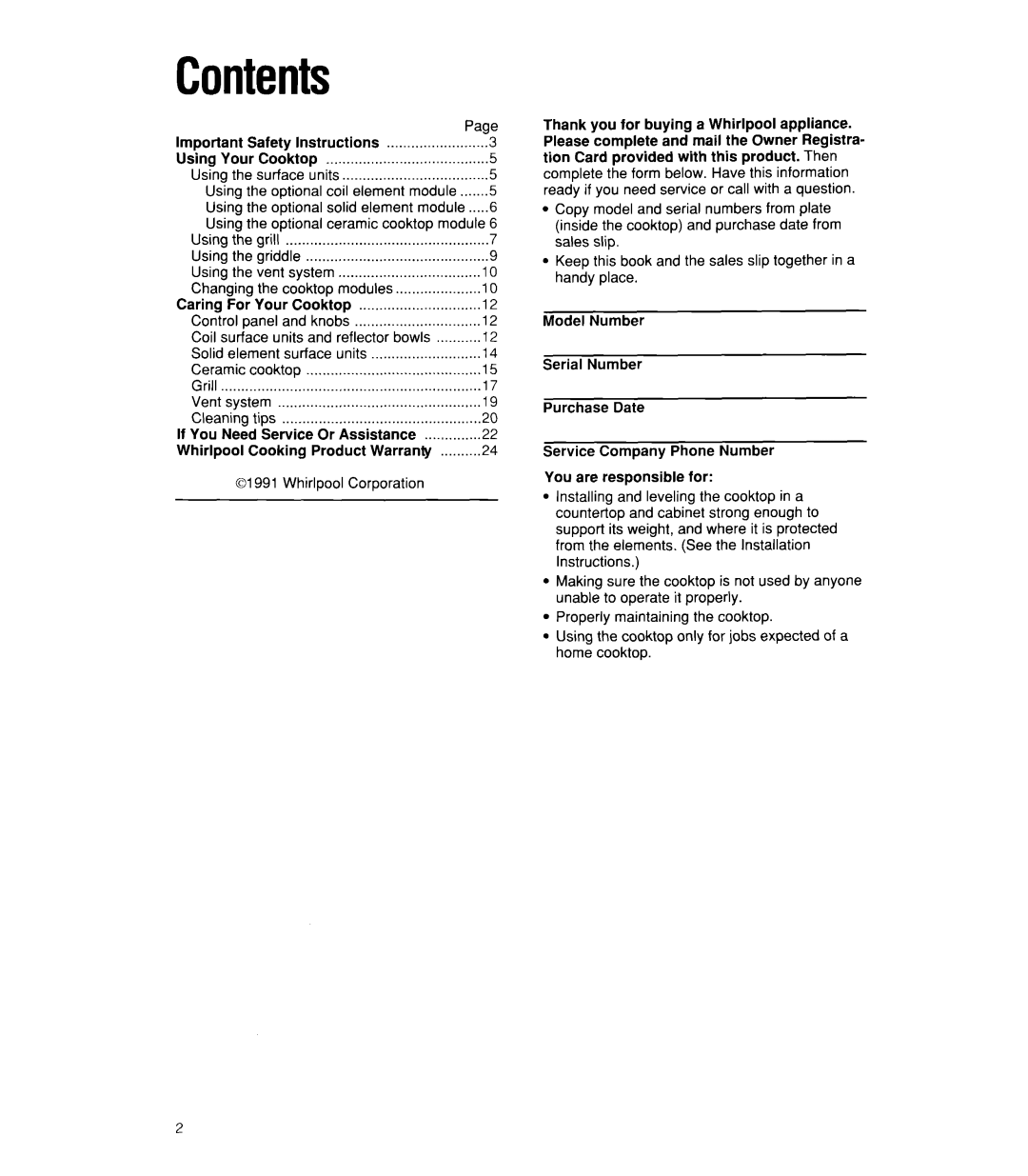 Whirlpool RC8900XX manual Contents 