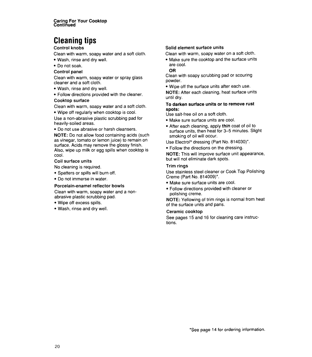 Whirlpool RC8900XX manual Cleaningtips 