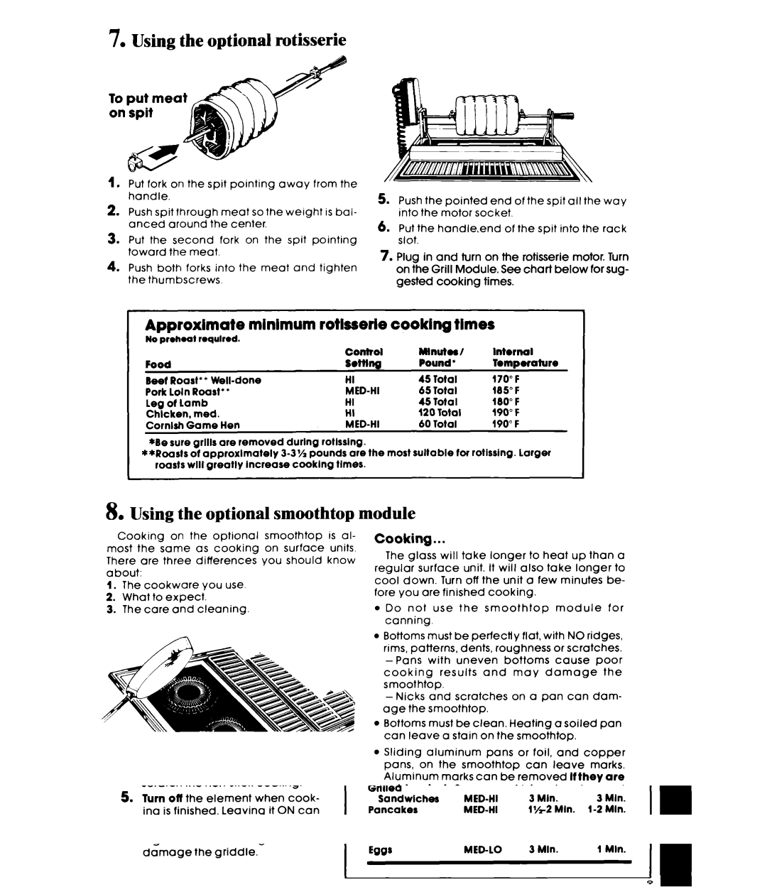 Whirlpool RC8920XRH, RC8950XRH manual Using the optional rotisserie, Using the optional smoothtop module, Cooking 