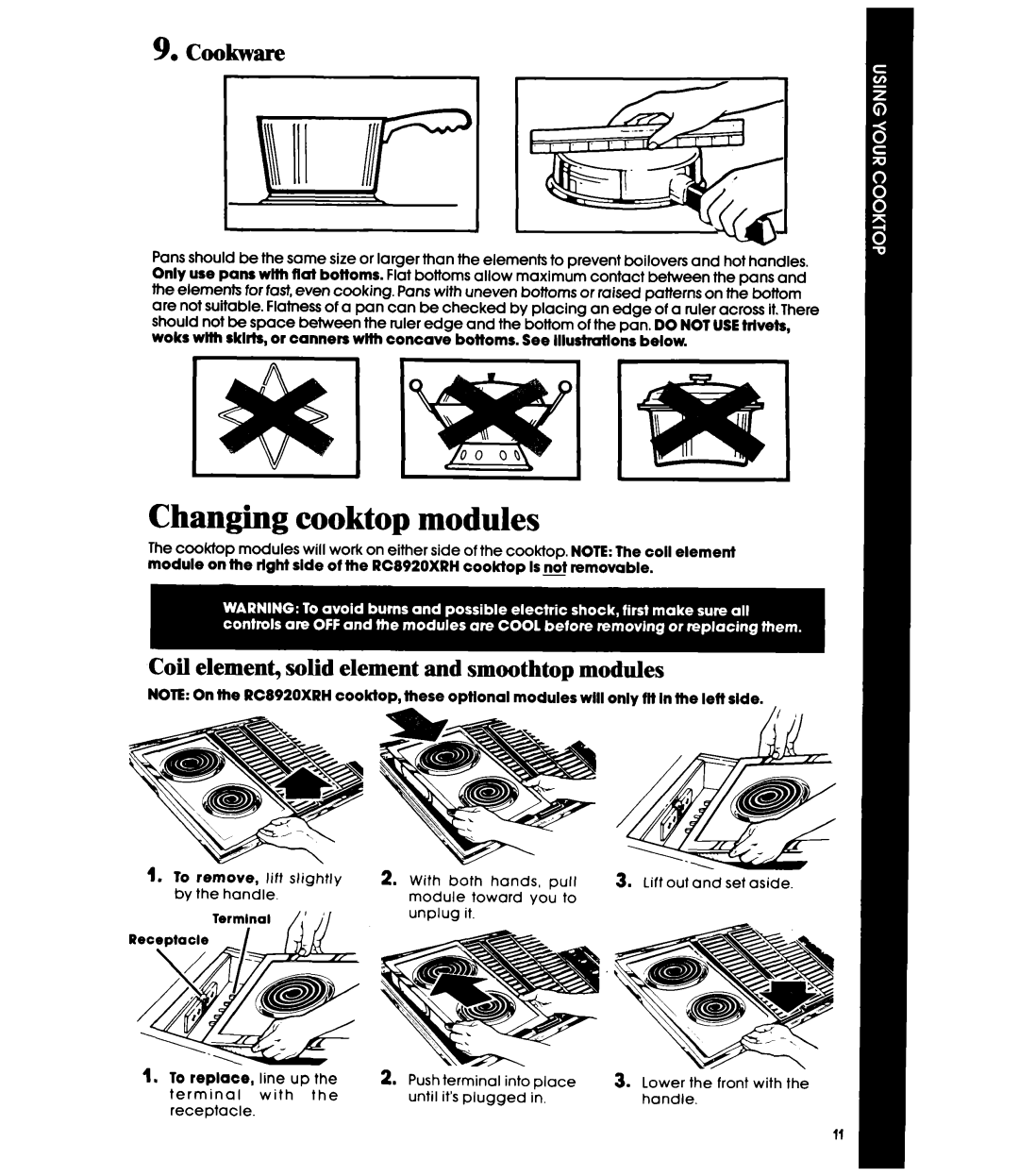 Whirlpool RC8950XRH, RC8920XRH manual Changing cooktop modules, Coil element, solid element and smoothtop modules 