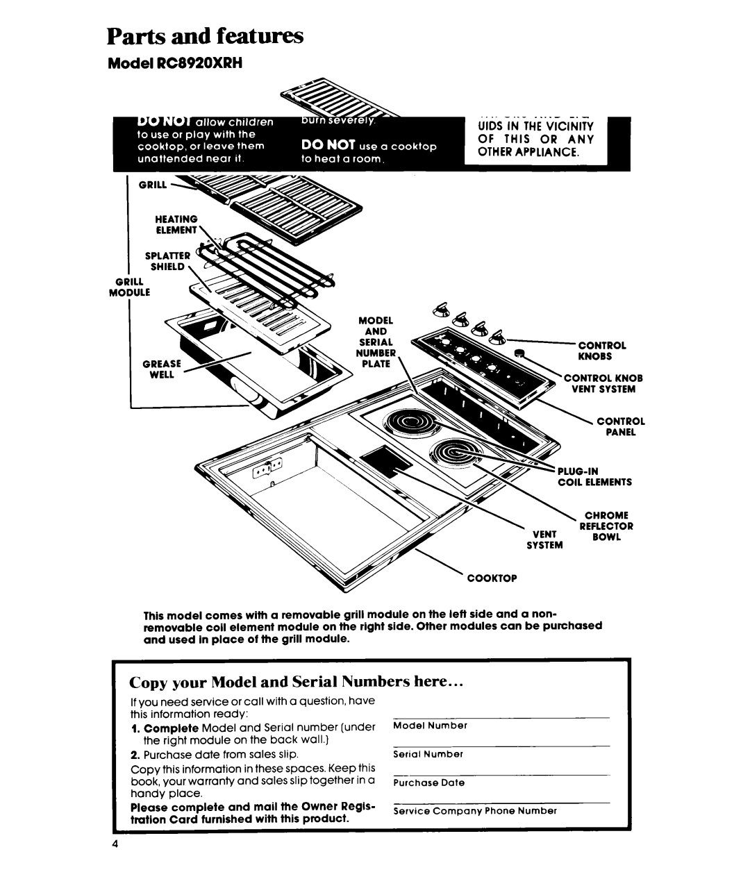 Whirlpool RC8950XRH manual Parts and features, Copy your Model and Serial Numbers here, Model RC8920XRH 