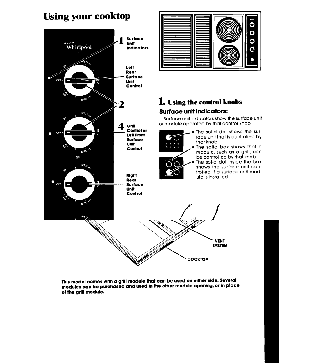 Whirlpool RC8920XRH, RC8950XRH manual Using your cooktop, Usingthe control knobs, Surface unit indicators, ‘1 SurtaceUnlt 