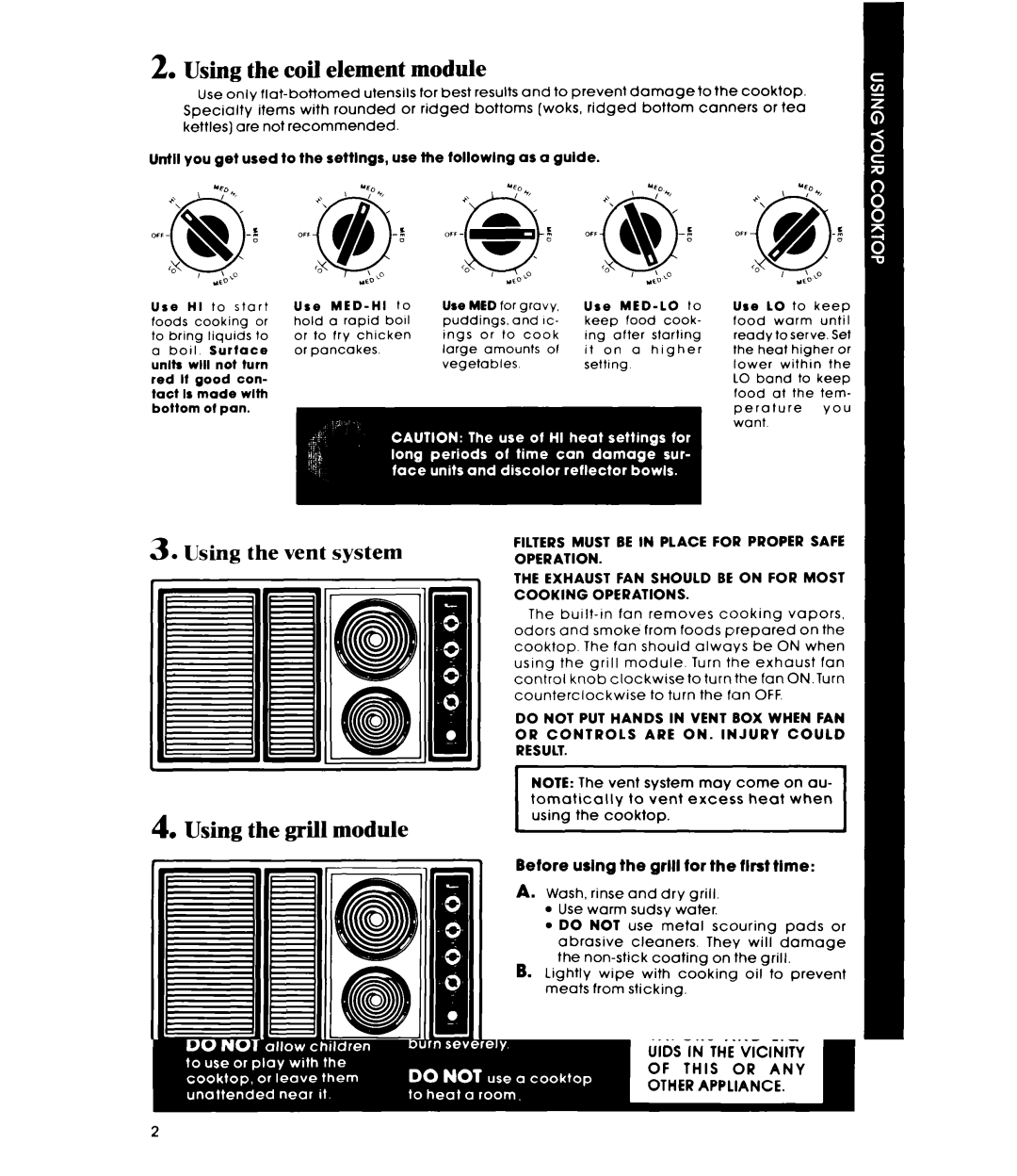 Whirlpool RC8950XRH manual Using the coil element module, Using the grill module, Using the vent system, Use MED-LO to, Set 