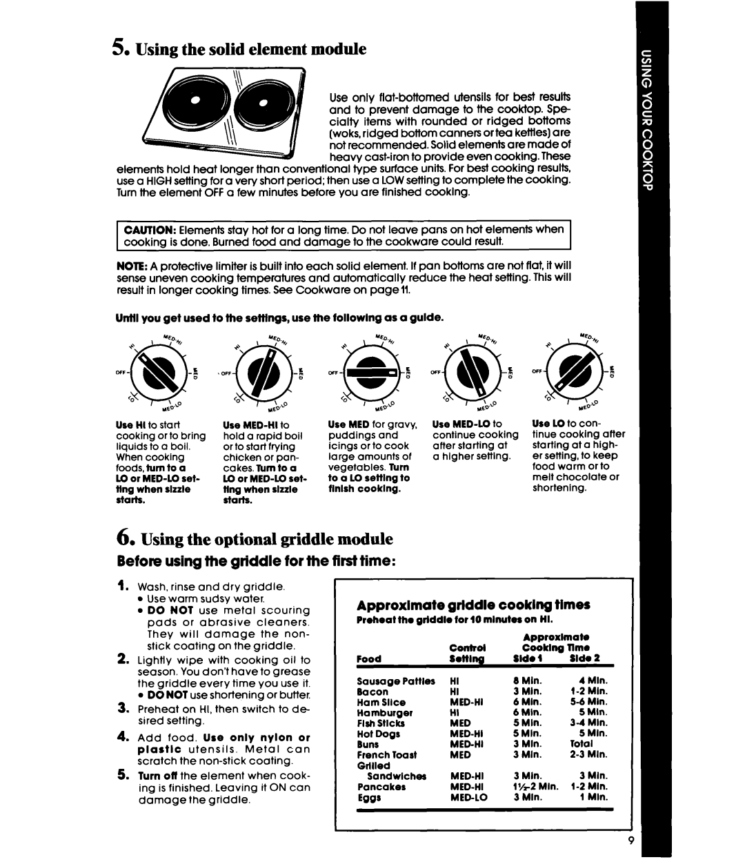 Whirlpool RC8950XRH Using the solid element module, Using the optional griddle module, Approximate griddle cooklng times 