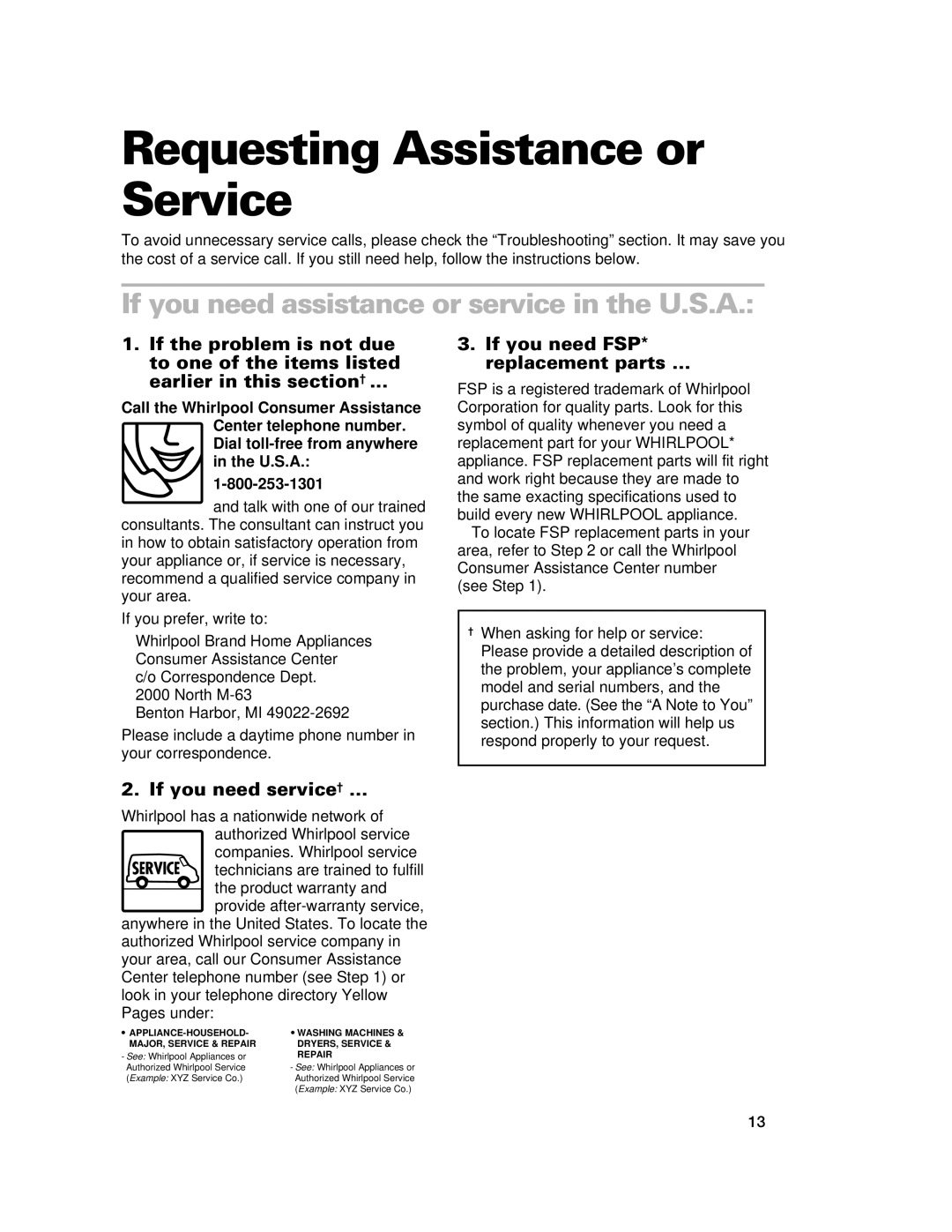 Whirlpool GJC3634G, RCC3024G, GJC3034G Requesting Assistance or Service, If you need assistance or service in the U.S.A 