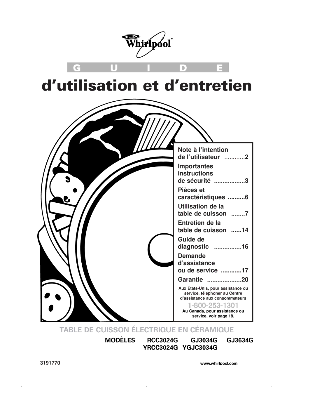 Whirlpool GJC3634G, RCC3024G, GJC3034G ’utilisation et d’entretien, Table DE Cuisson Électrique EN Céramique 