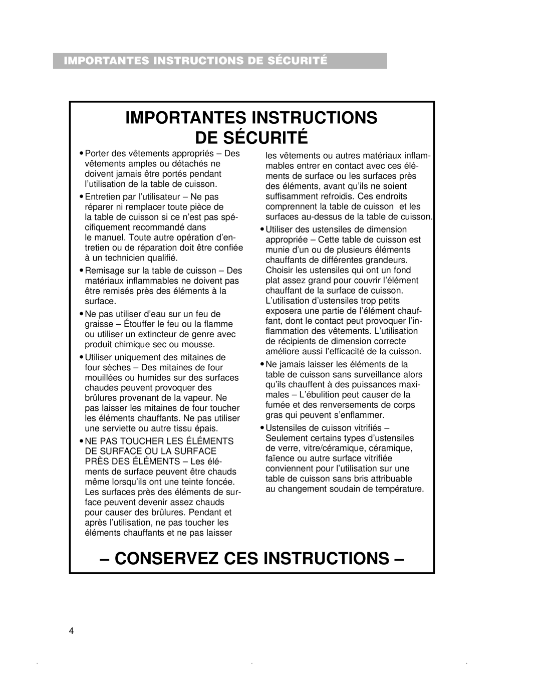 Whirlpool GJC3634G, RCC3024G, GJC3034G important safety instructions Importantes Instructions DE Sécurité 