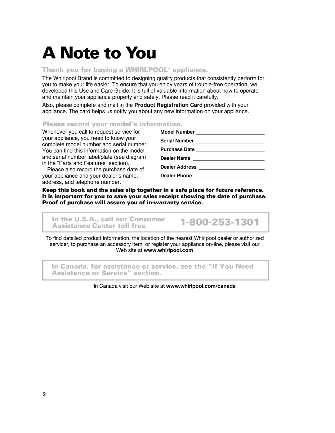 Whirlpool GJC3034G, RCC3024G, GJC3634G important safety instructions 800, Thank you for buying a WHIRLPOOL* appliance 