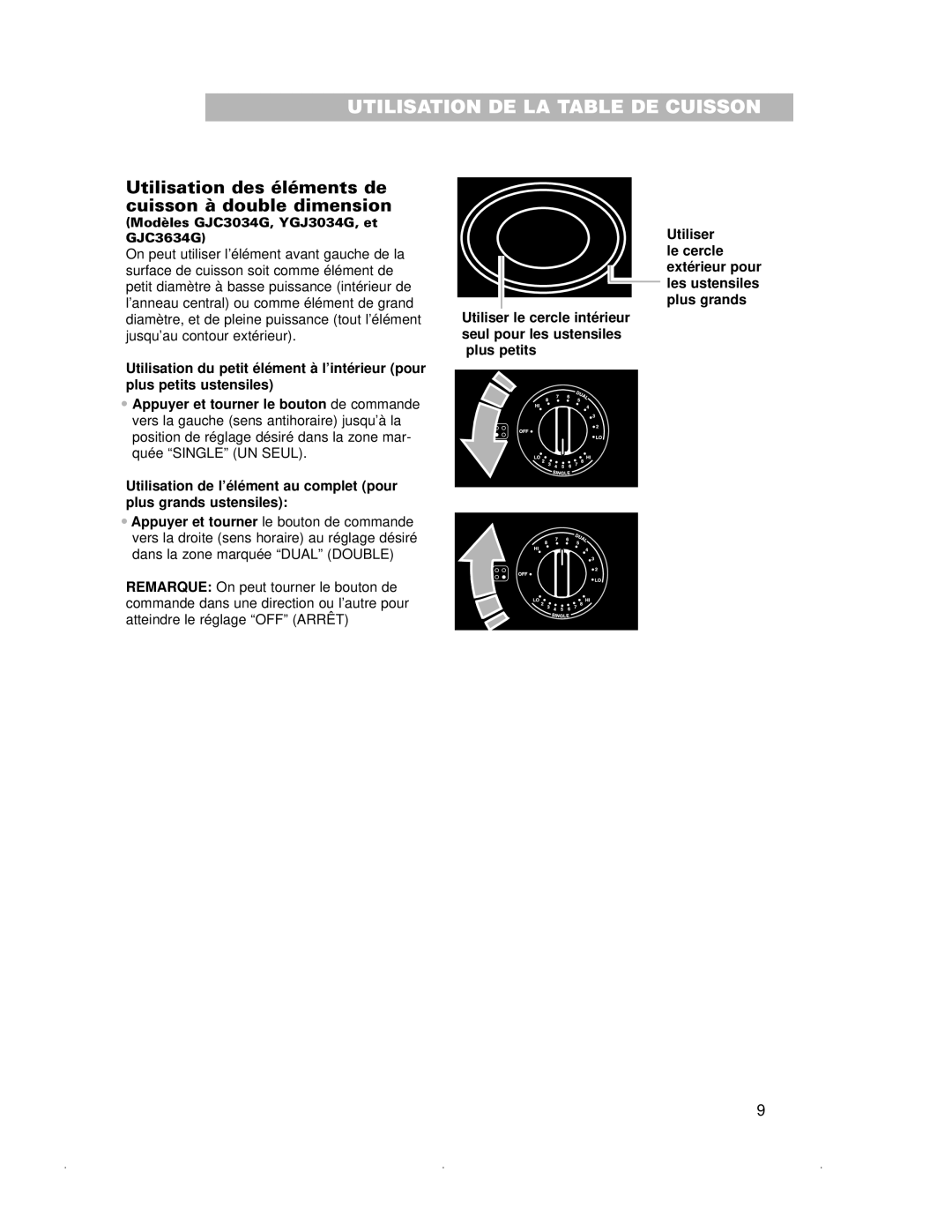 Whirlpool RCC3024G, GJC3634G, GJC3034G important safety instructions Utilisation des éléments de cuisson à double dimension 