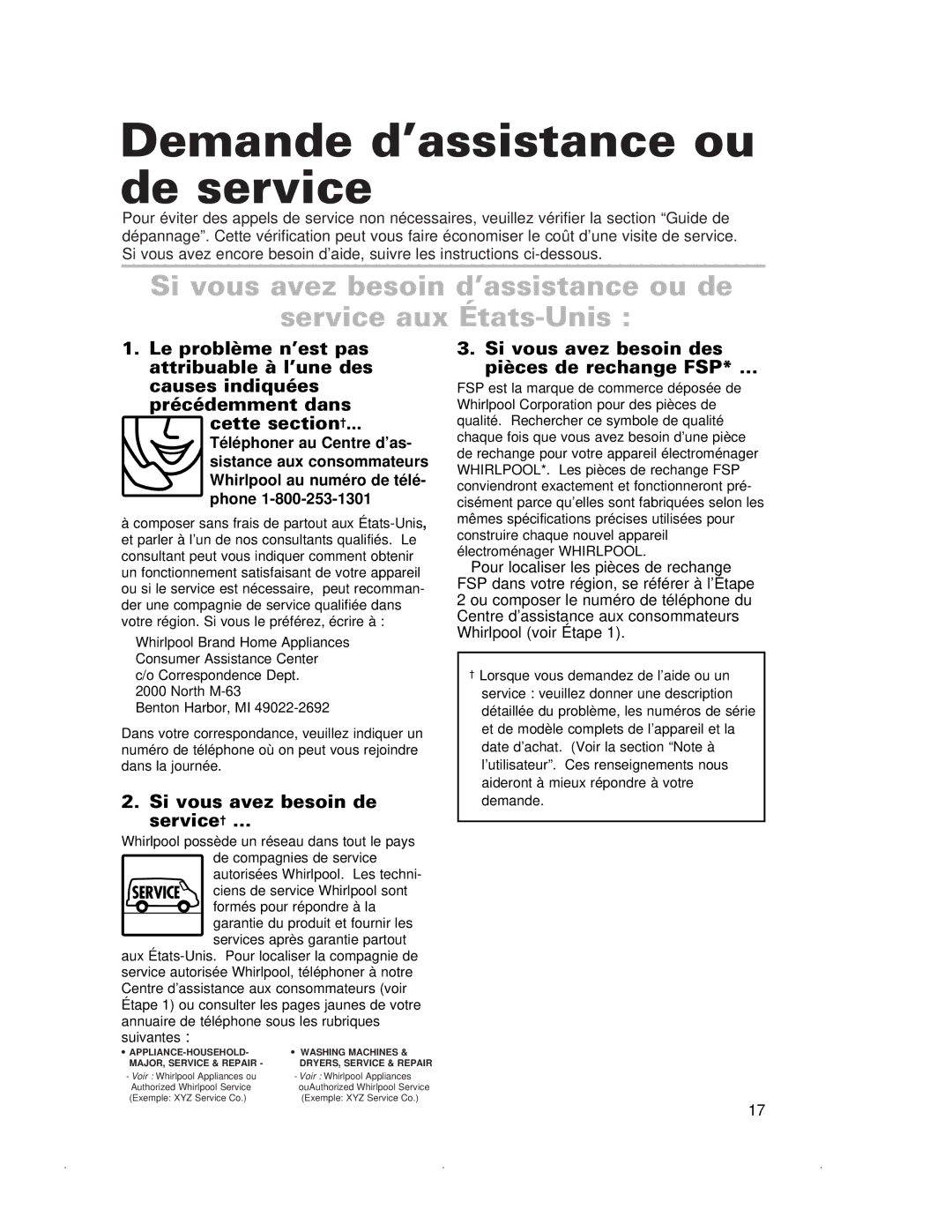 Whirlpool GJC3034G, RCC3024G, GJC3634G Demande d’assistance ou de service, Si vous avez besoin de service† … 