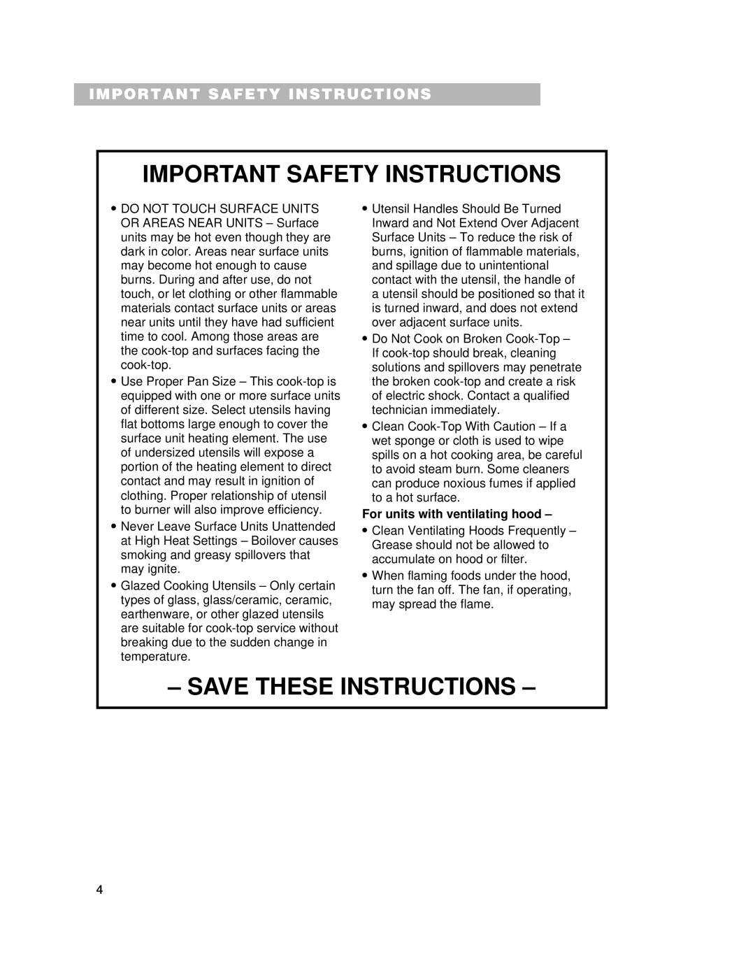 Whirlpool GJC3634G, RCC3024G, GJC3034G important safety instructions For units with ventilating hood 