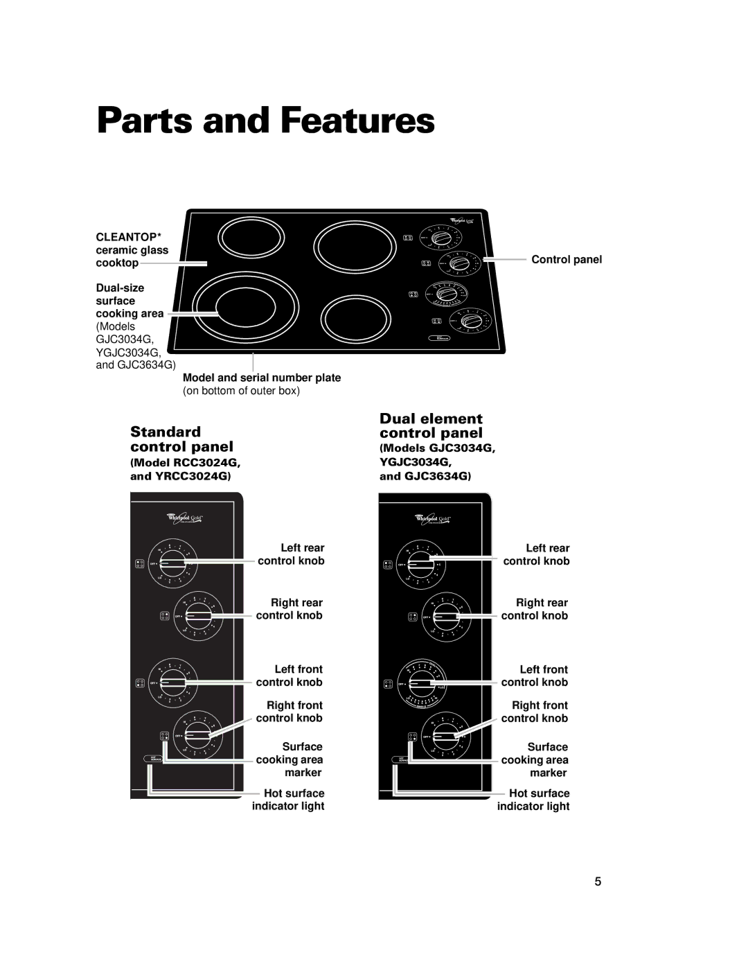 Whirlpool GJC3034G, RCC3024G, GJC3634G important safety instructions Parts and Features, Standard Dual element Control panel 