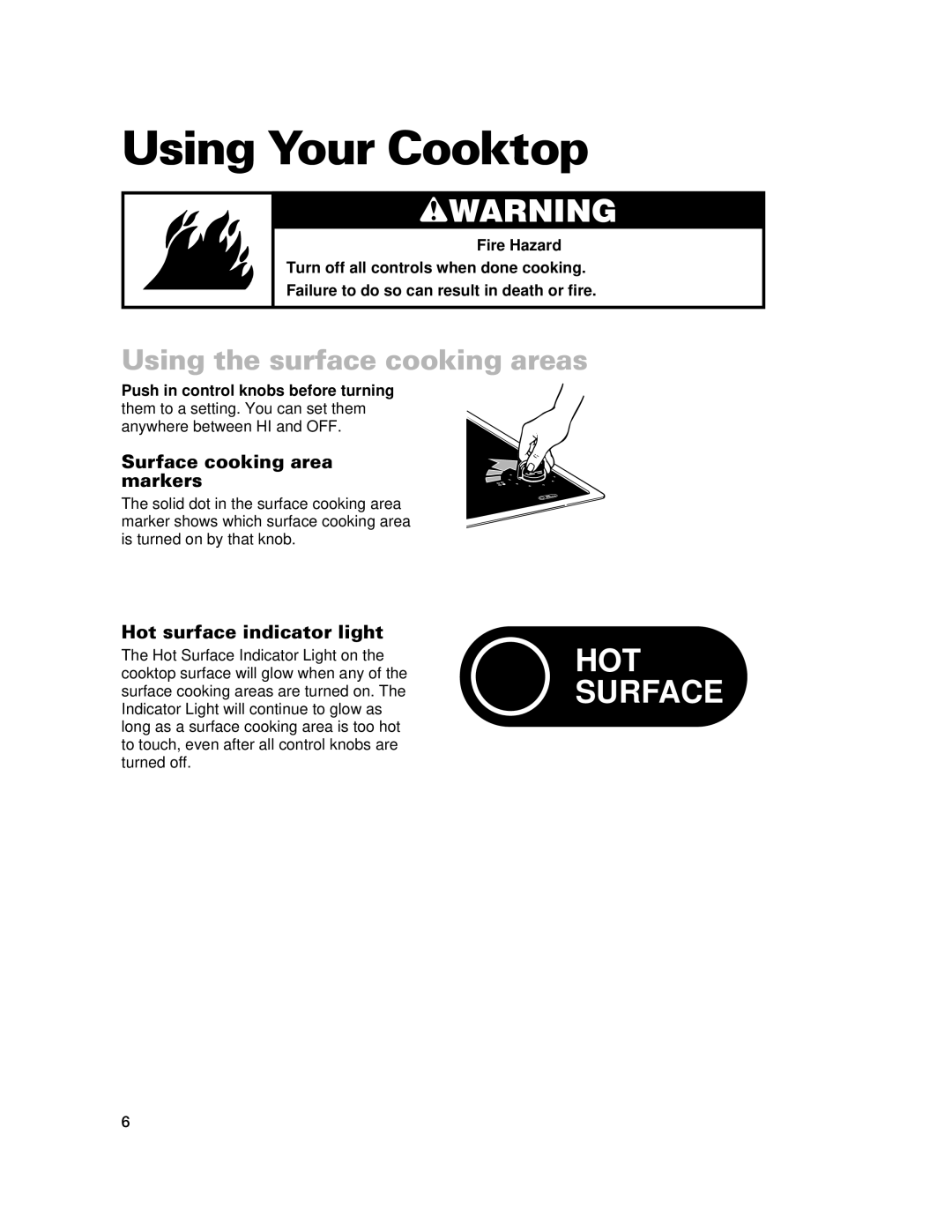 Whirlpool RCC3024G, GJC3634G, GJC3034G Using Your Cooktop, Using the surface cooking areas, Surface cooking area markers 