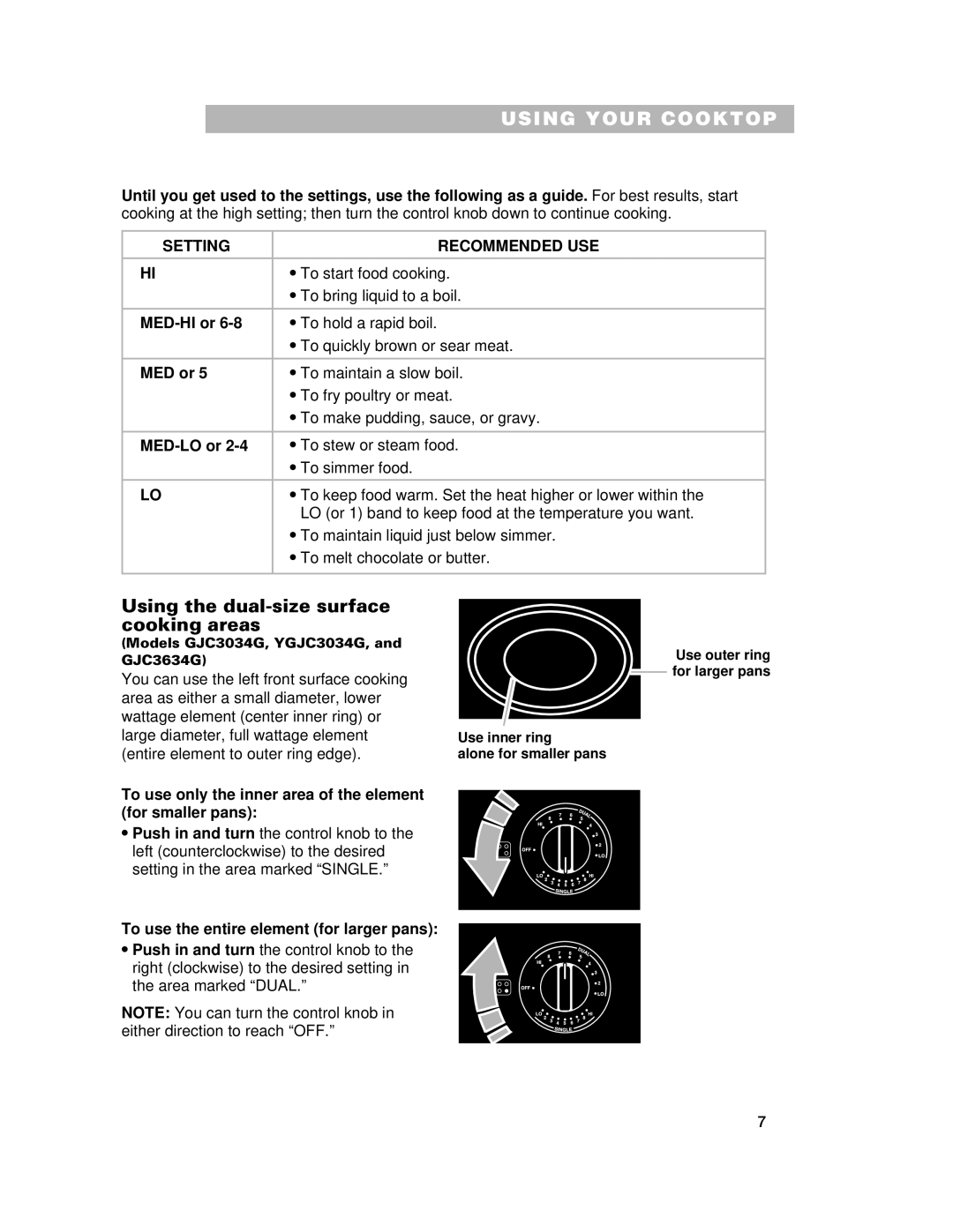 Whirlpool GJC3634G, RCC3024G, GJC3034G Using the dual-size surface cooking areas, Setting Recommended USE 