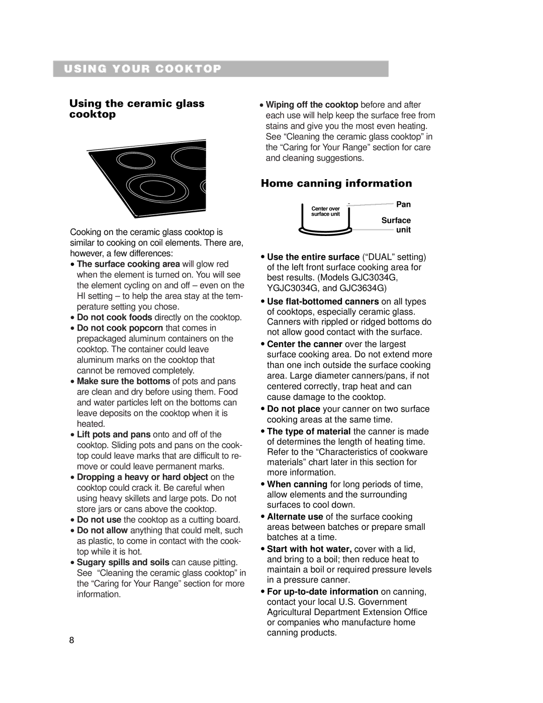 Whirlpool GJC3034G Using the ceramic glass, Cooktop, Home canning information, Wiping off the cooktop before and after 