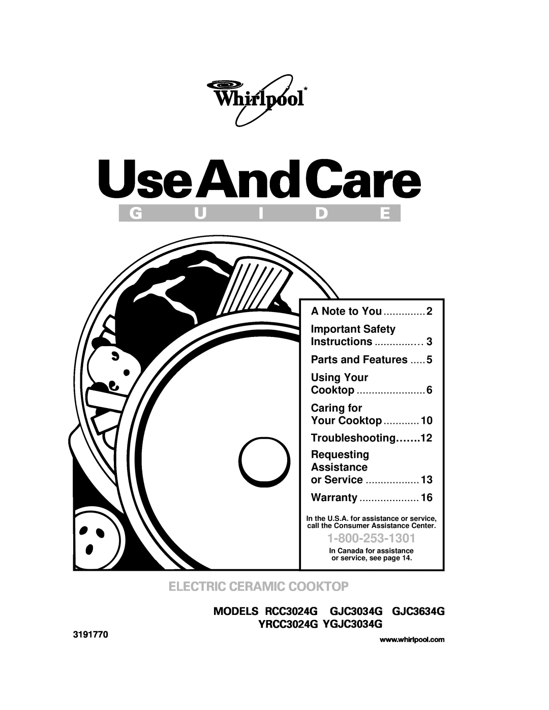 Whirlpool GJC3634G, RCC3024G, GJC3034G important safety instructions G U I D E, Electric Ceramic Cooktop, UseAndCare 