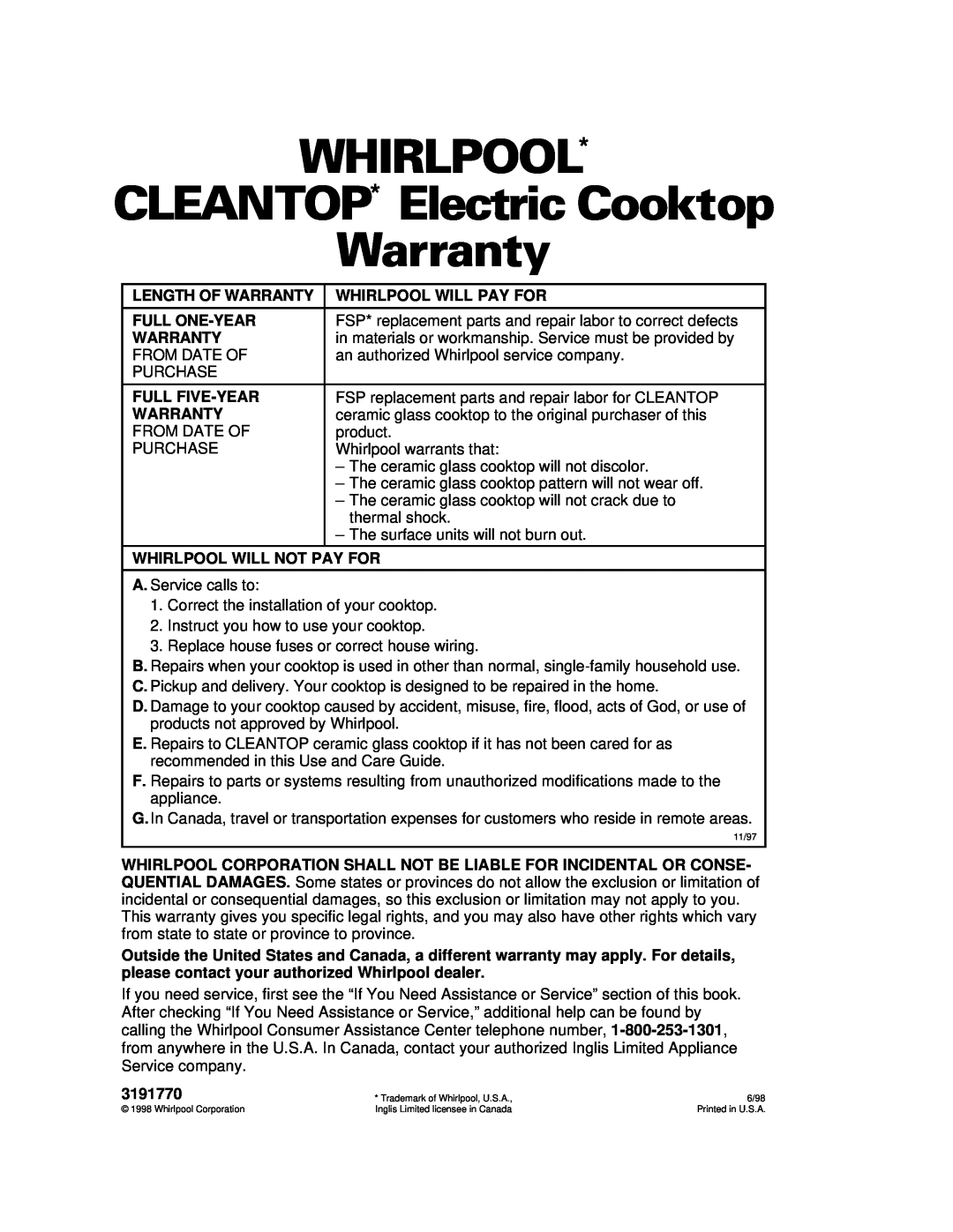 Whirlpool RCC3024G, GJC3634G WHIRLPOOL CLEANTOP* Electric Cooktop Warranty, 11/97, Trademark of Whirlpool, U.S.A, 6/98 