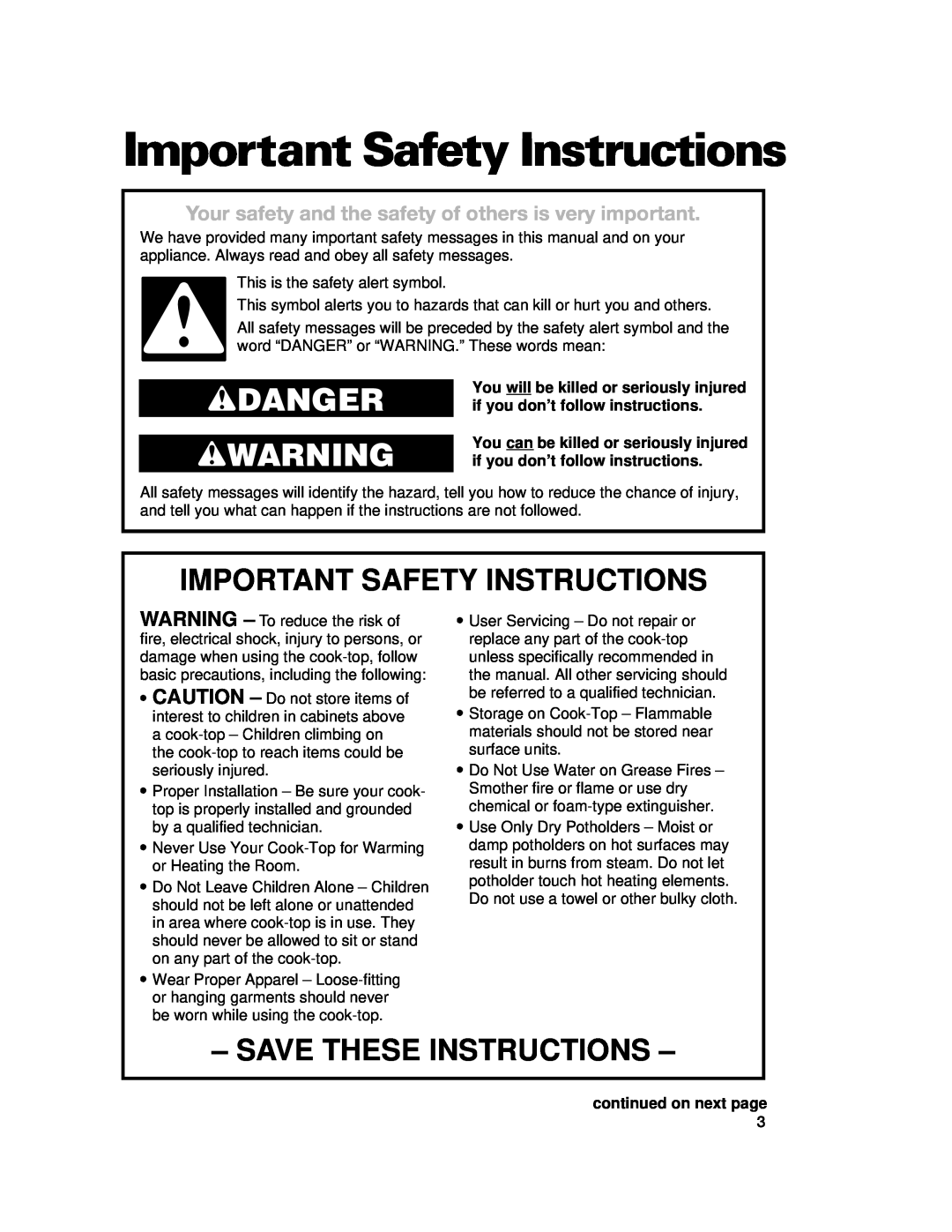 Whirlpool RCC3024G, GJC3634G, GJC3034G Important Safety Instructions, wDANGER wWARNING, Save These Instructions 