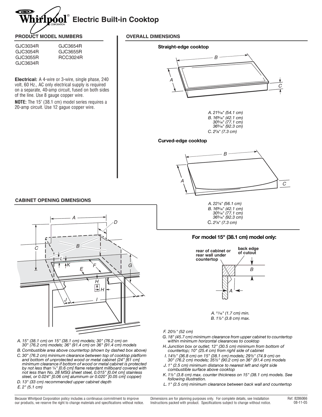 Whirlpool GJC3654R, RCC3024R dimensions Electric Built-in Cooktop, For model 15 38.1 cm model only, Straight-edge cooktop 
