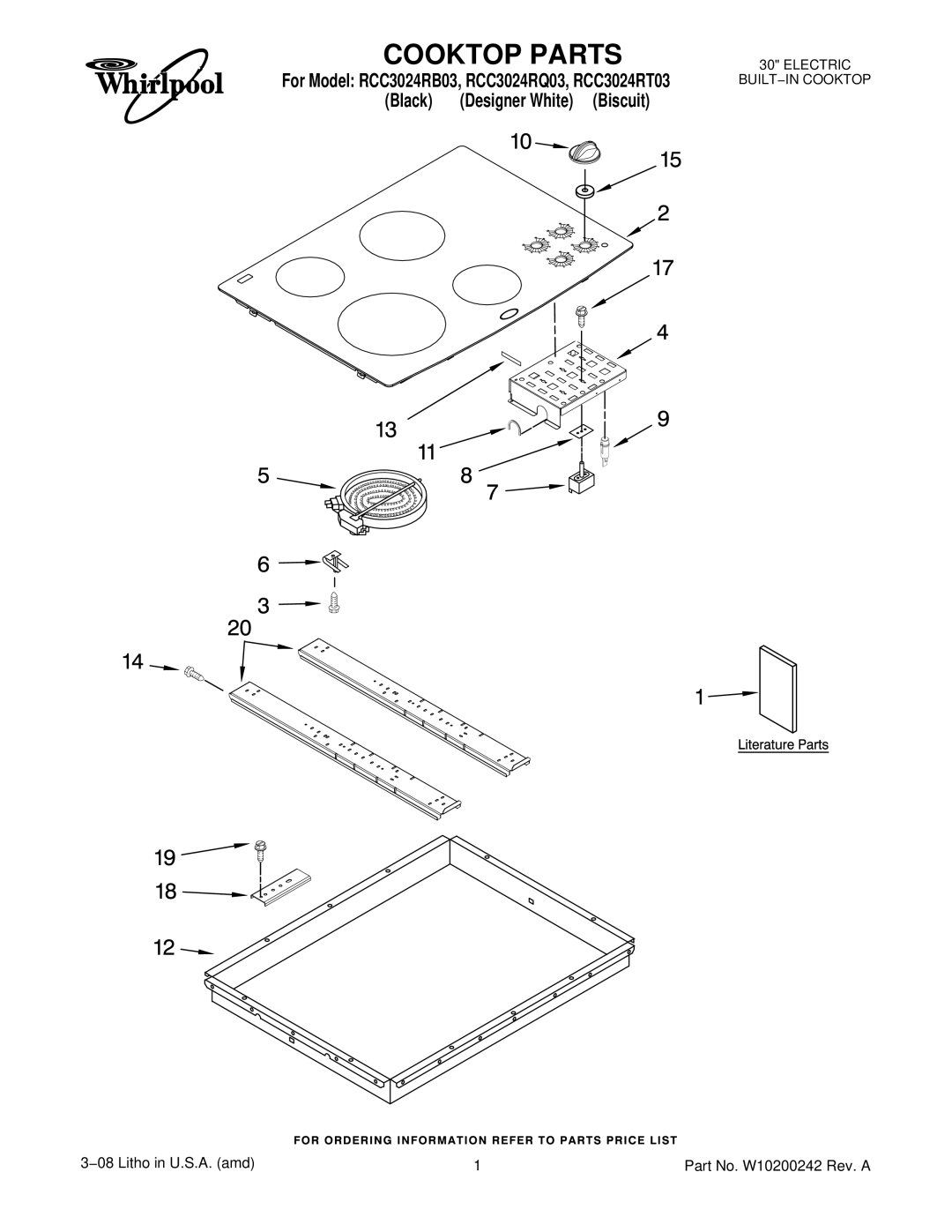 Whirlpool RCC3024RT03, RCC3024RB03, RCC3024RQ03 manual Cooktop Parts 