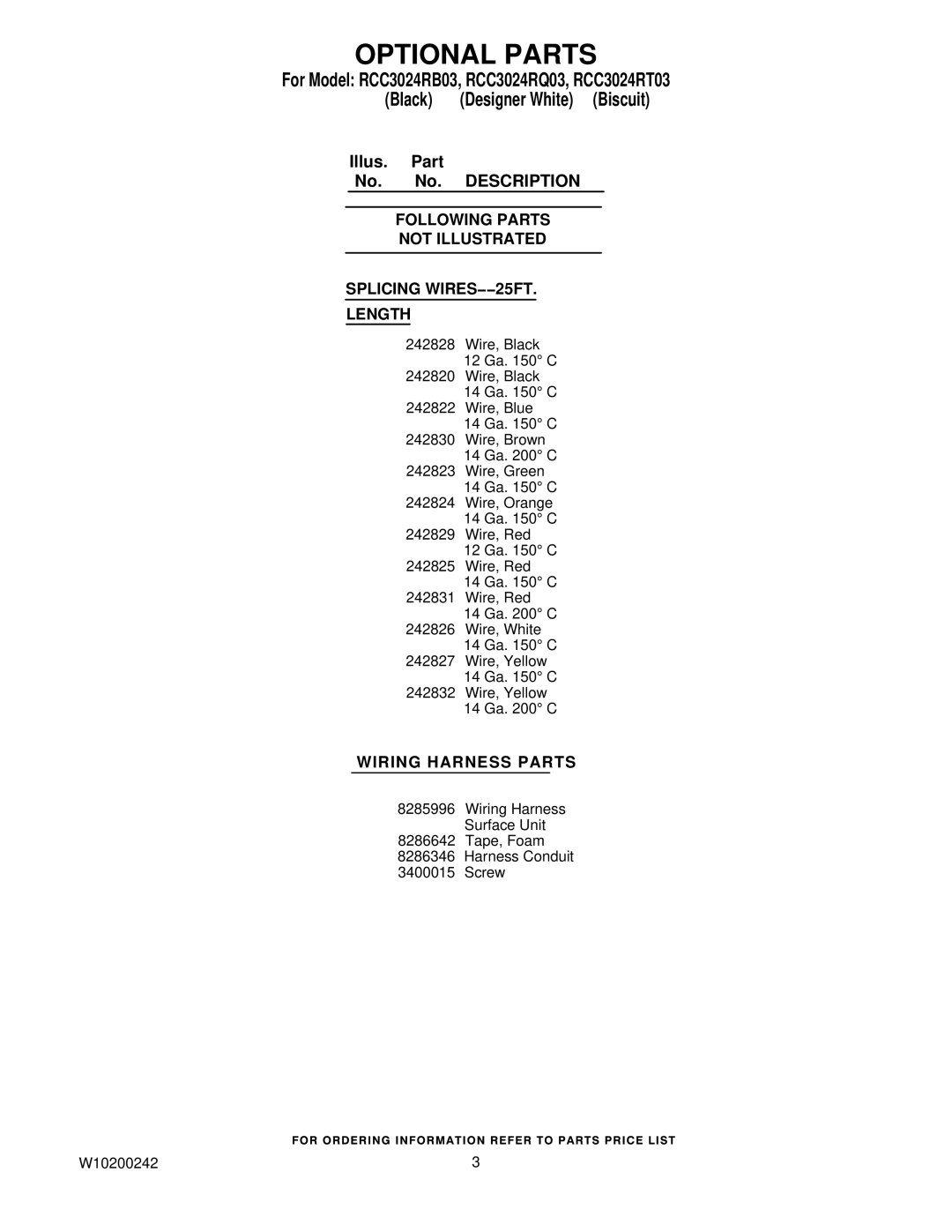 Whirlpool RCC3024RB03, RCC3024RT03, RCC3024RQ03 manual Optional Parts, Wiring Harness Parts 