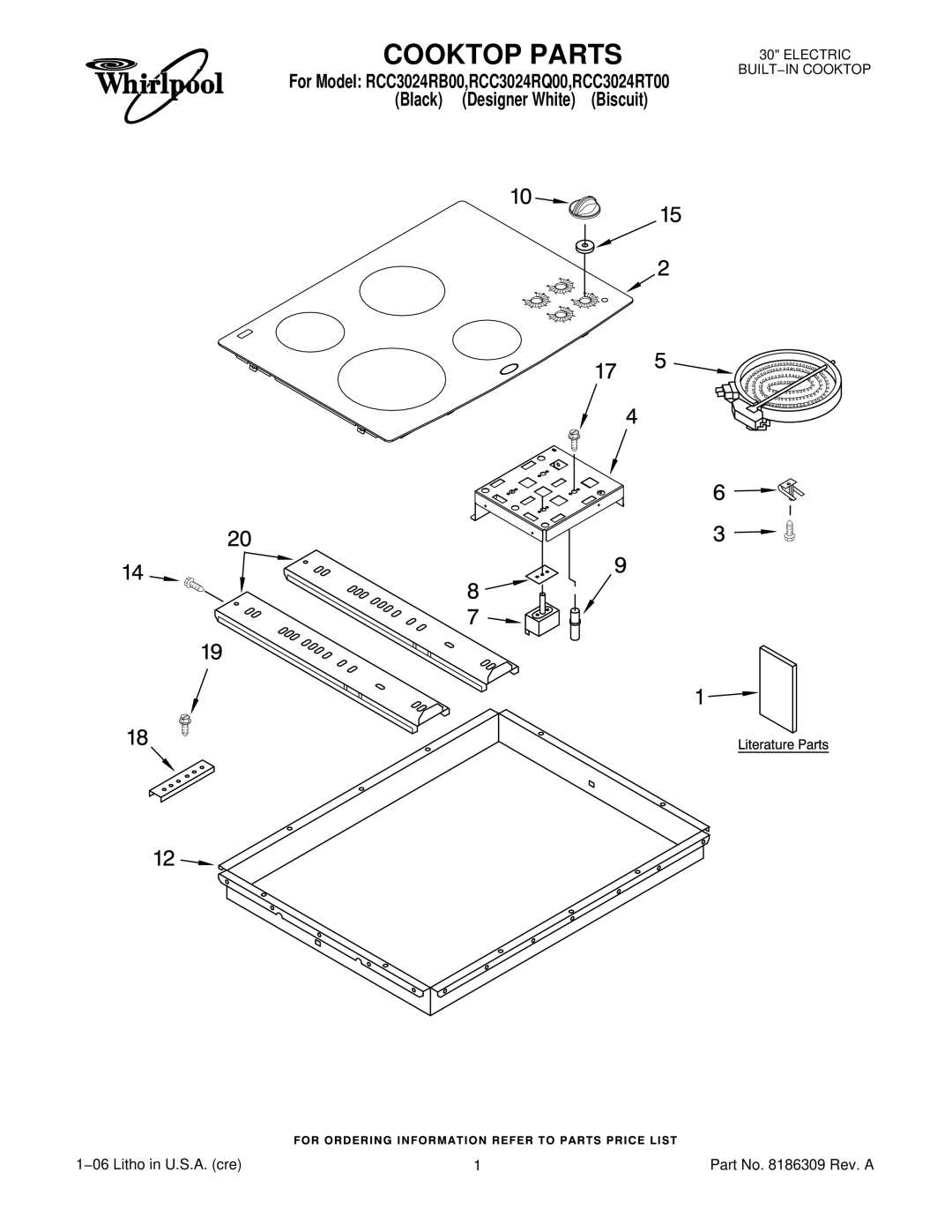 Whirlpool RCC3024RB00, RCC3024RQ00, RCC3024RT00 manual Cooktop Parts 