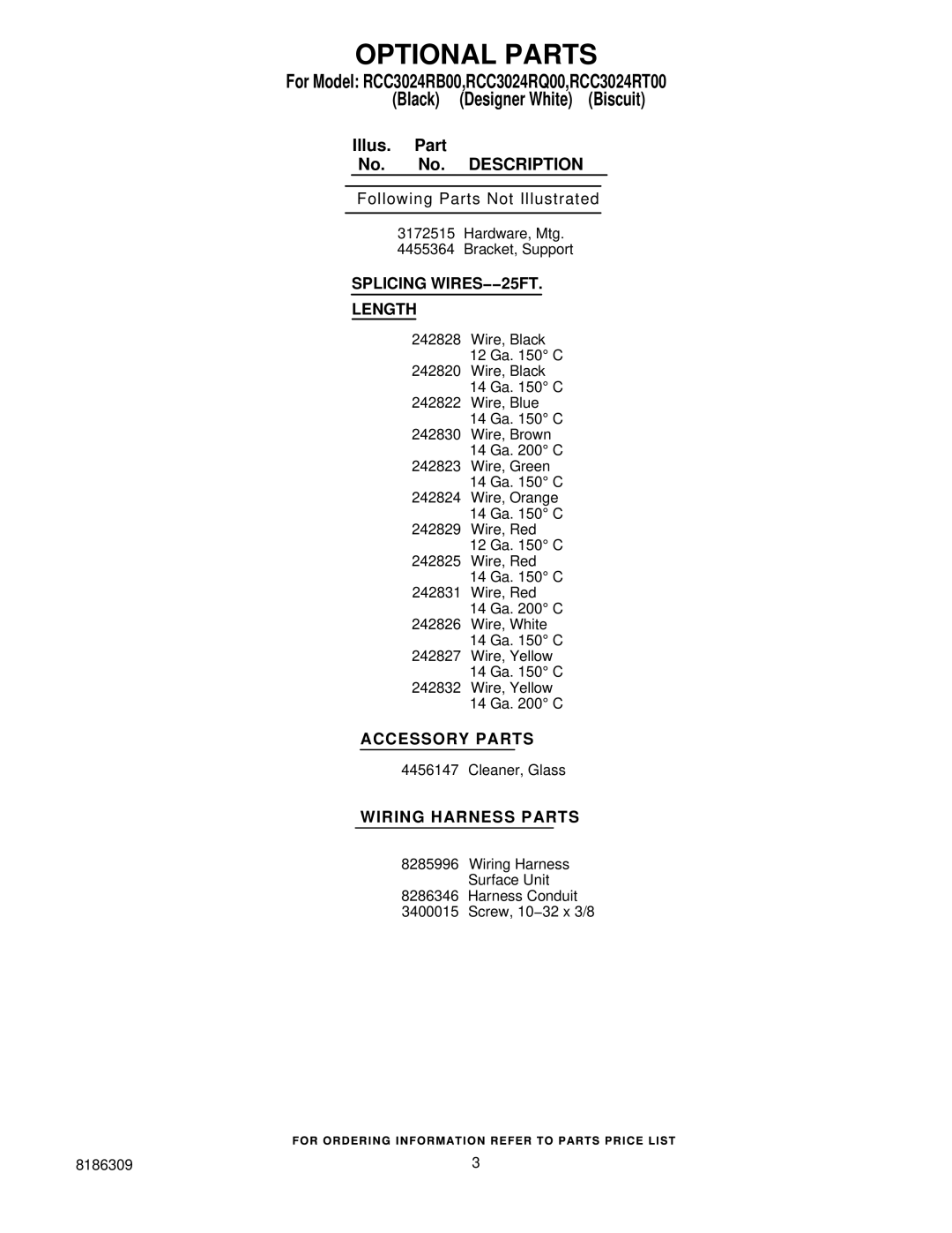 Whirlpool manual Optional Parts, For Model RCC3024RB00,RCC3024RQ00,RCC3024RT00 Black, Splicing WIRES−−25FT Length 