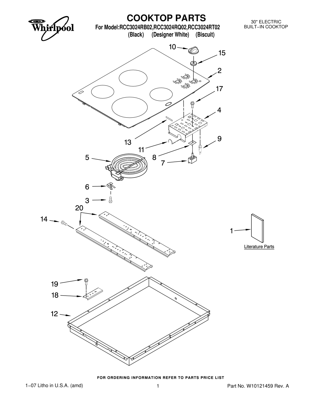 Whirlpool RCC3024RQ02, RCC3024RT02, RCC3024RB02 manual Cooktop Parts 