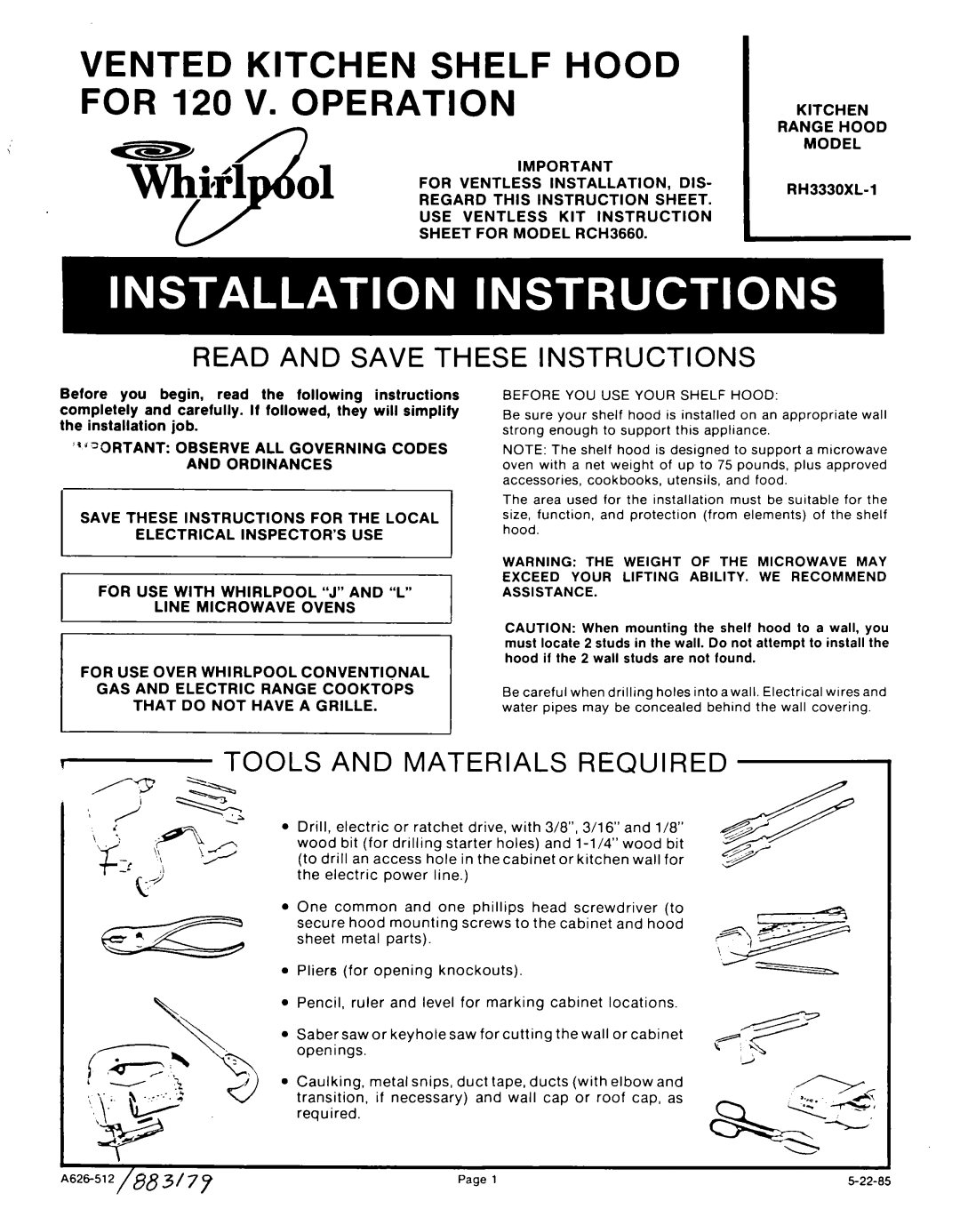 Whirlpool RCH3660 instruction sheet Read and Save These Instructions, Tools and Materials Required 