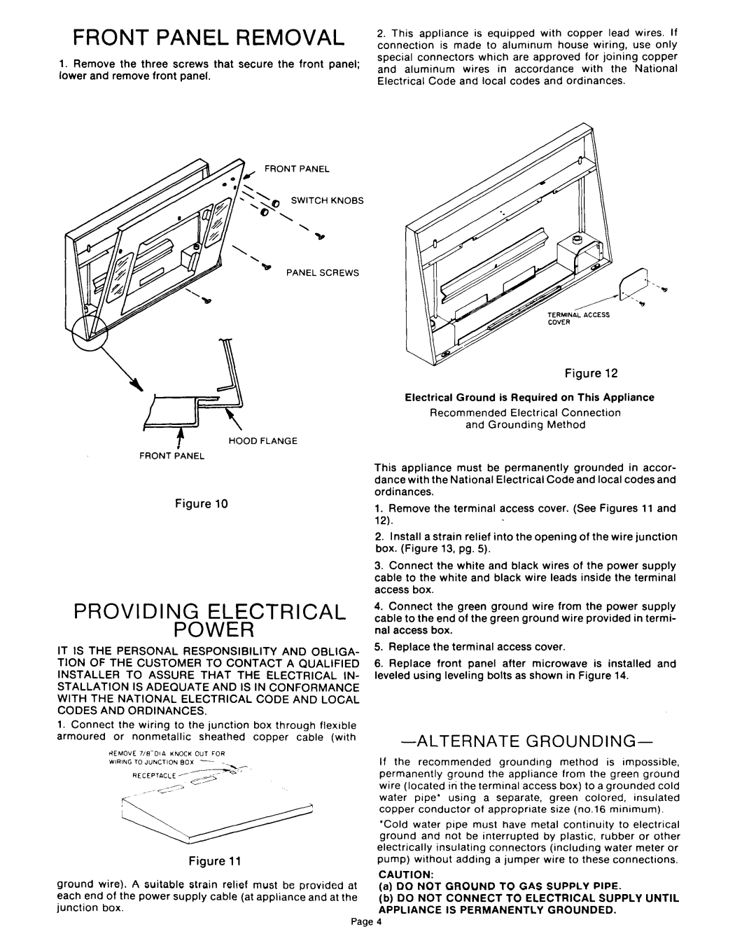 Whirlpool RCH3660 instruction sheet Front Panel Removal, Alternate Grounding, Providing Electrical Power, Front Anel 