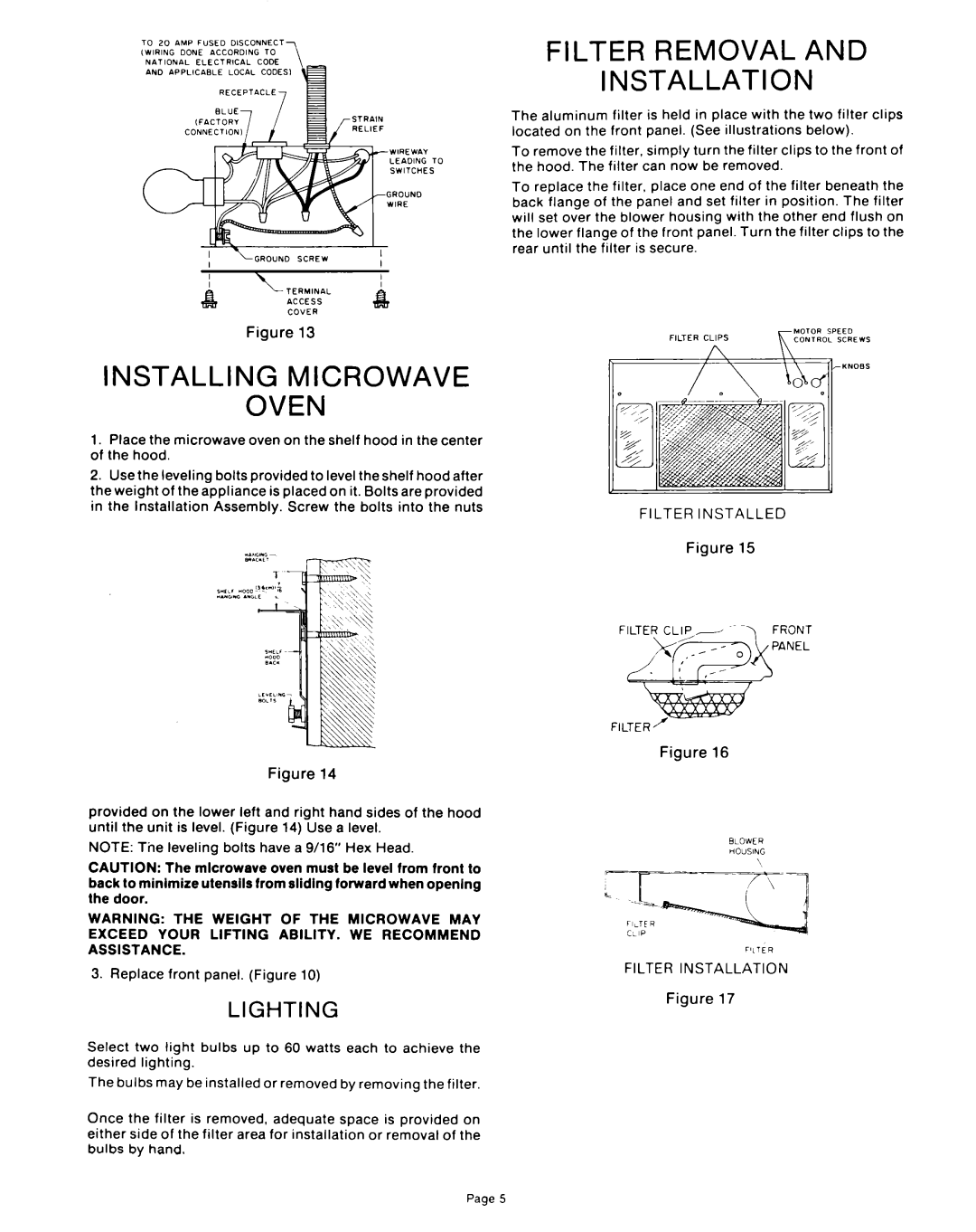 Whirlpool RCH3660 instruction sheet Installing Microwave Oven, Filter Removal And Installation, Lighting 
