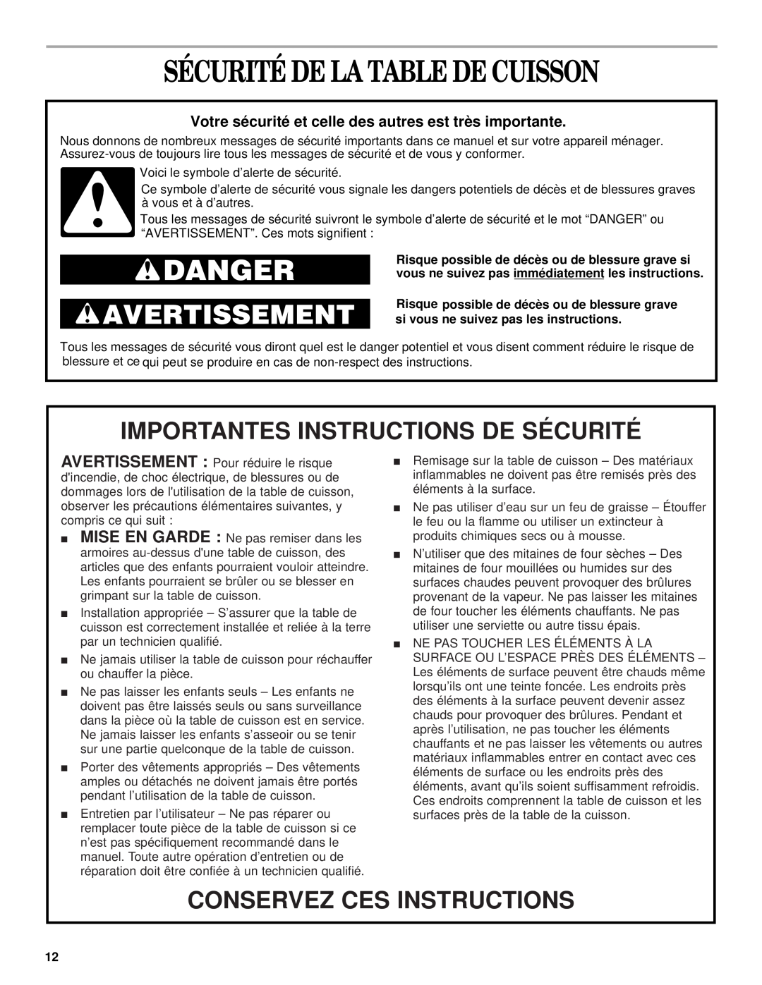 Whirlpool RCS2002 manual Sécurité De La Table De Cuisson, Importantes Instructions De Sécurité, Conservez Ces Instructions 