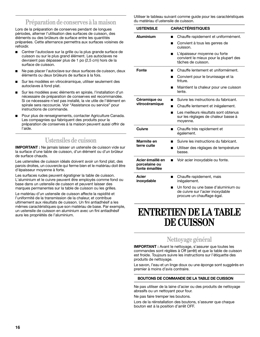 Whirlpool RCS2002 manual Préparation de conservesà la maison, Ustensiles de cuisson, Nettoyage général, De Cuisson 